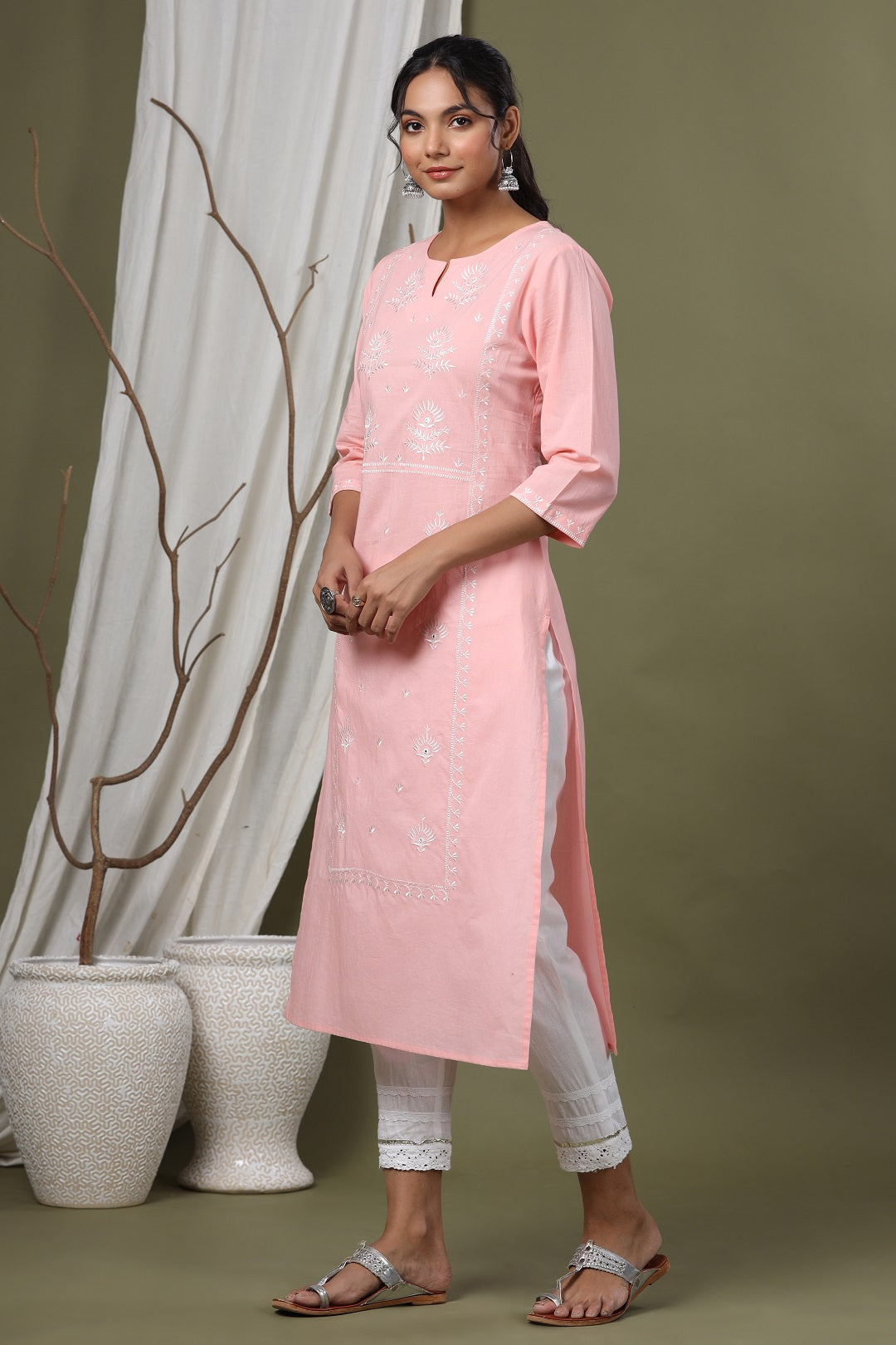 Pink Cambric Festive Embroidered Straight Kurta