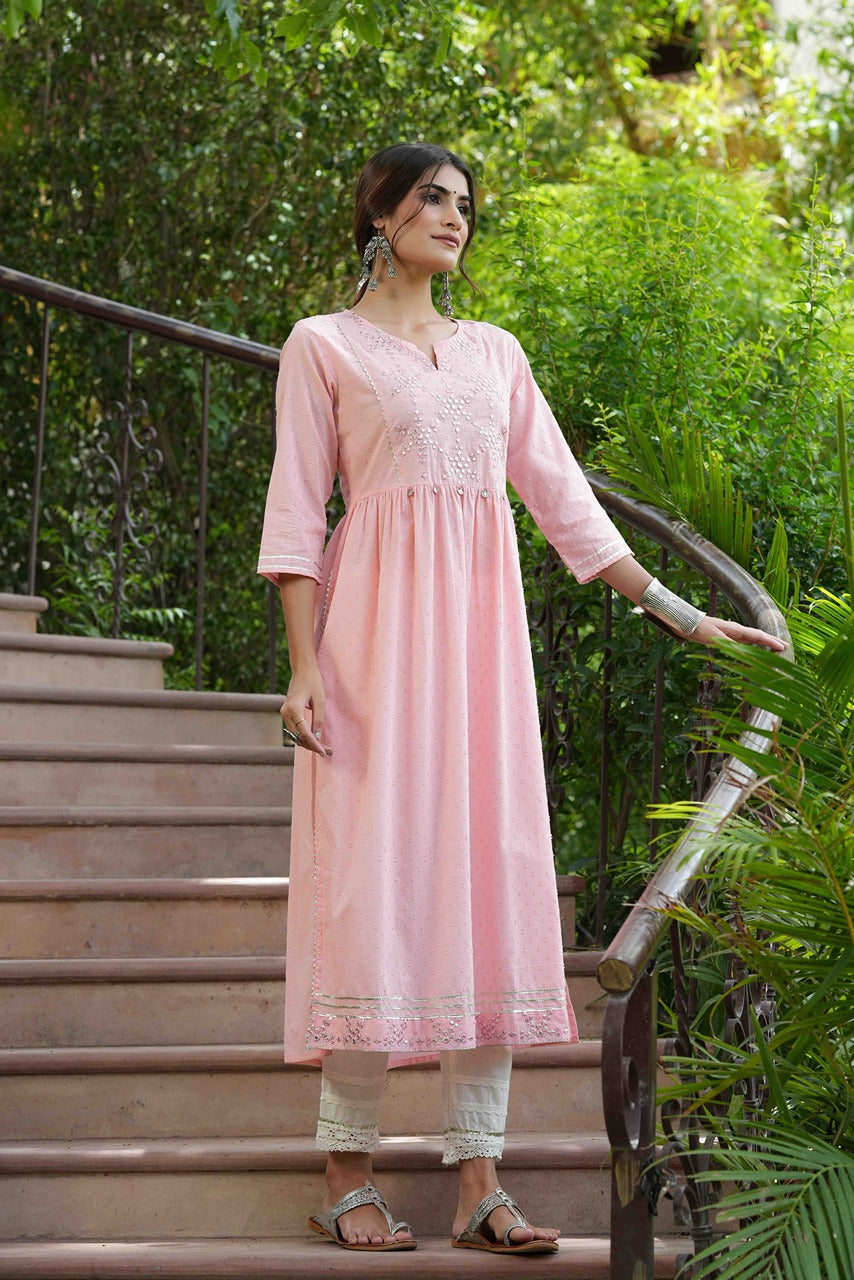Peach Cotton Dobby Festive Embroidered A-Line Long Kurta