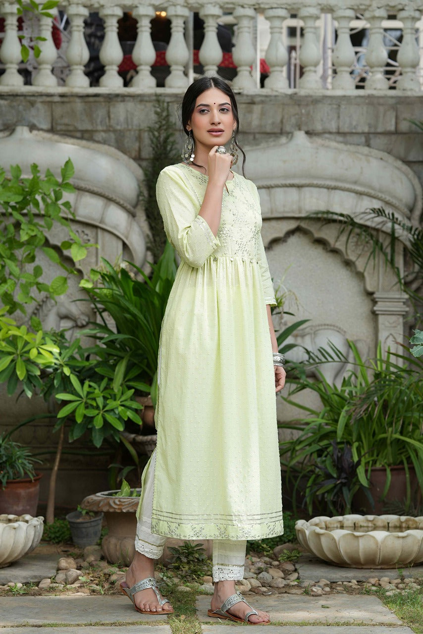 Pista Green Cotton Dobby Festive Embroidered A-Line Long Kurta