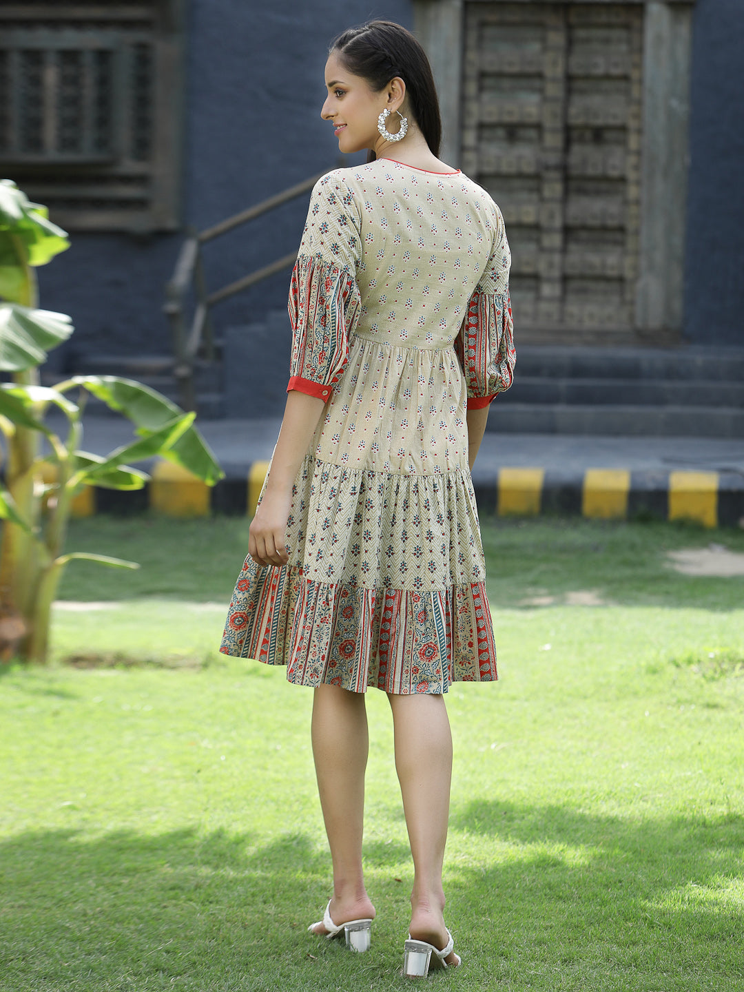 Beige Cambric Festive Embroidered Tiered Short Dress