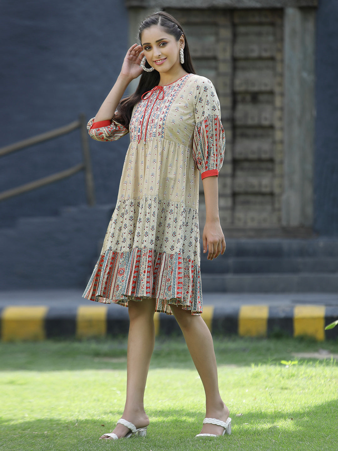 Beige Cambric Festive Embroidered Tiered Short Dress