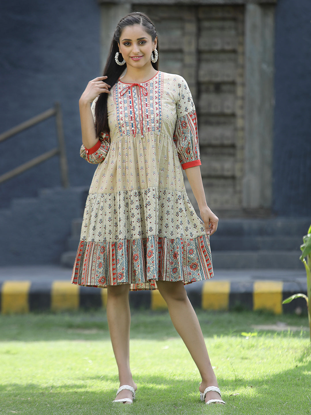 Beige Cambric Festive Embroidered Tiered Short Dress