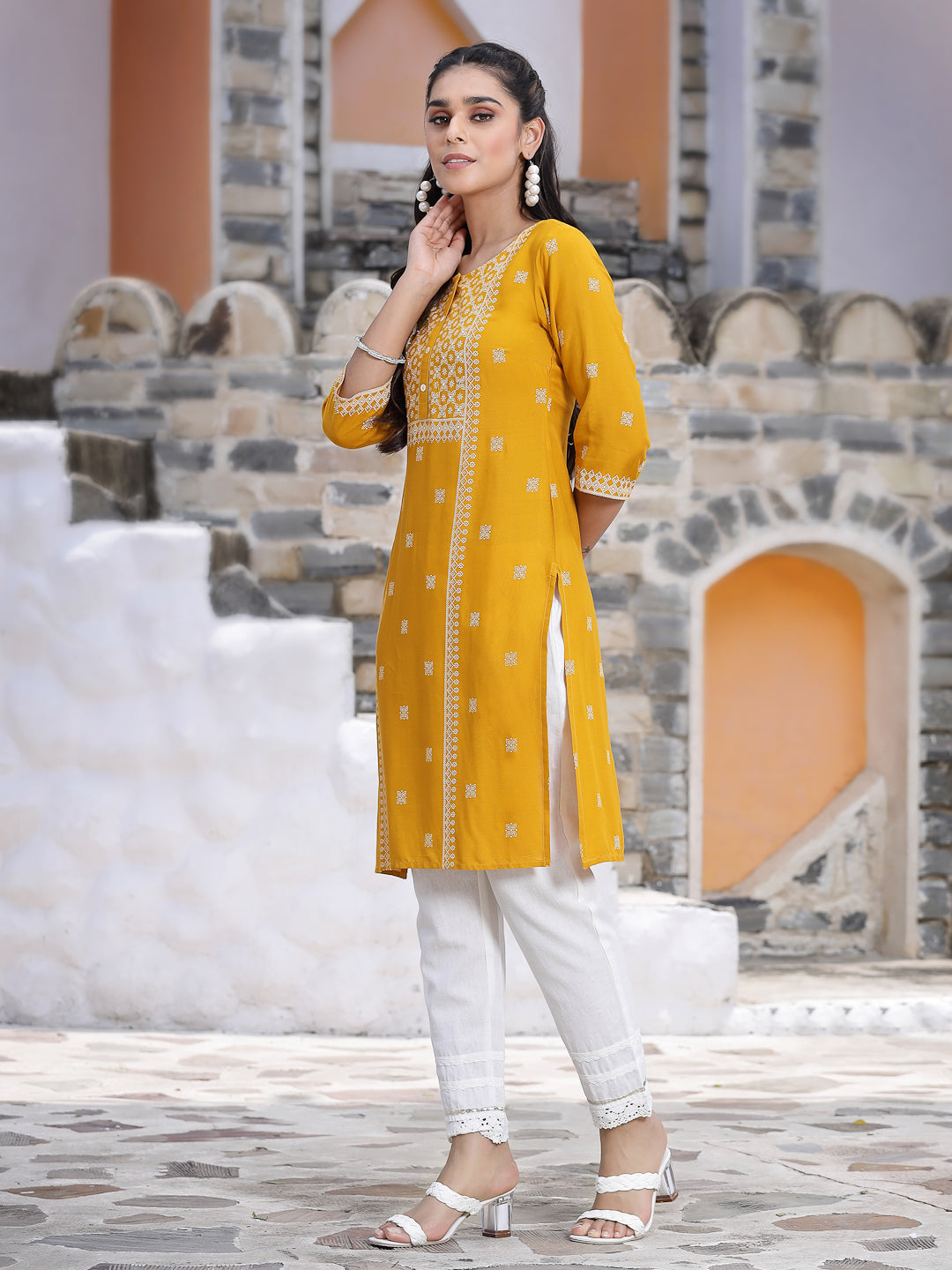 Mustard Rayon Placement Print Straight Kurta