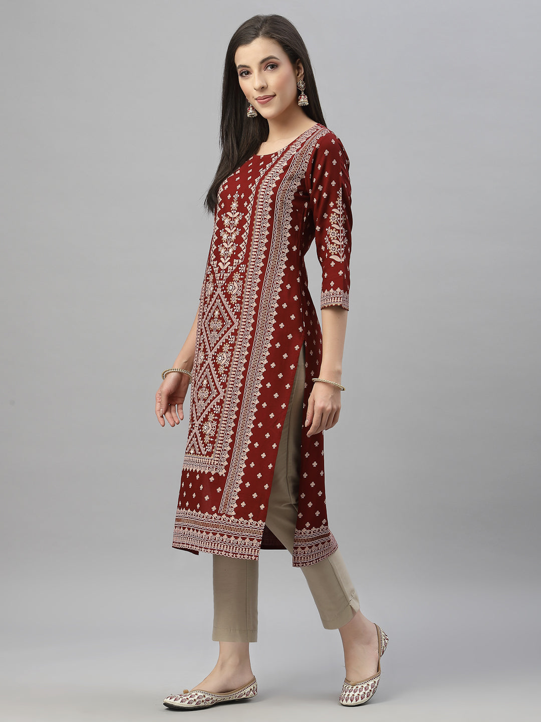 Maroon Rayon Festive Placement Print Straight Kurta