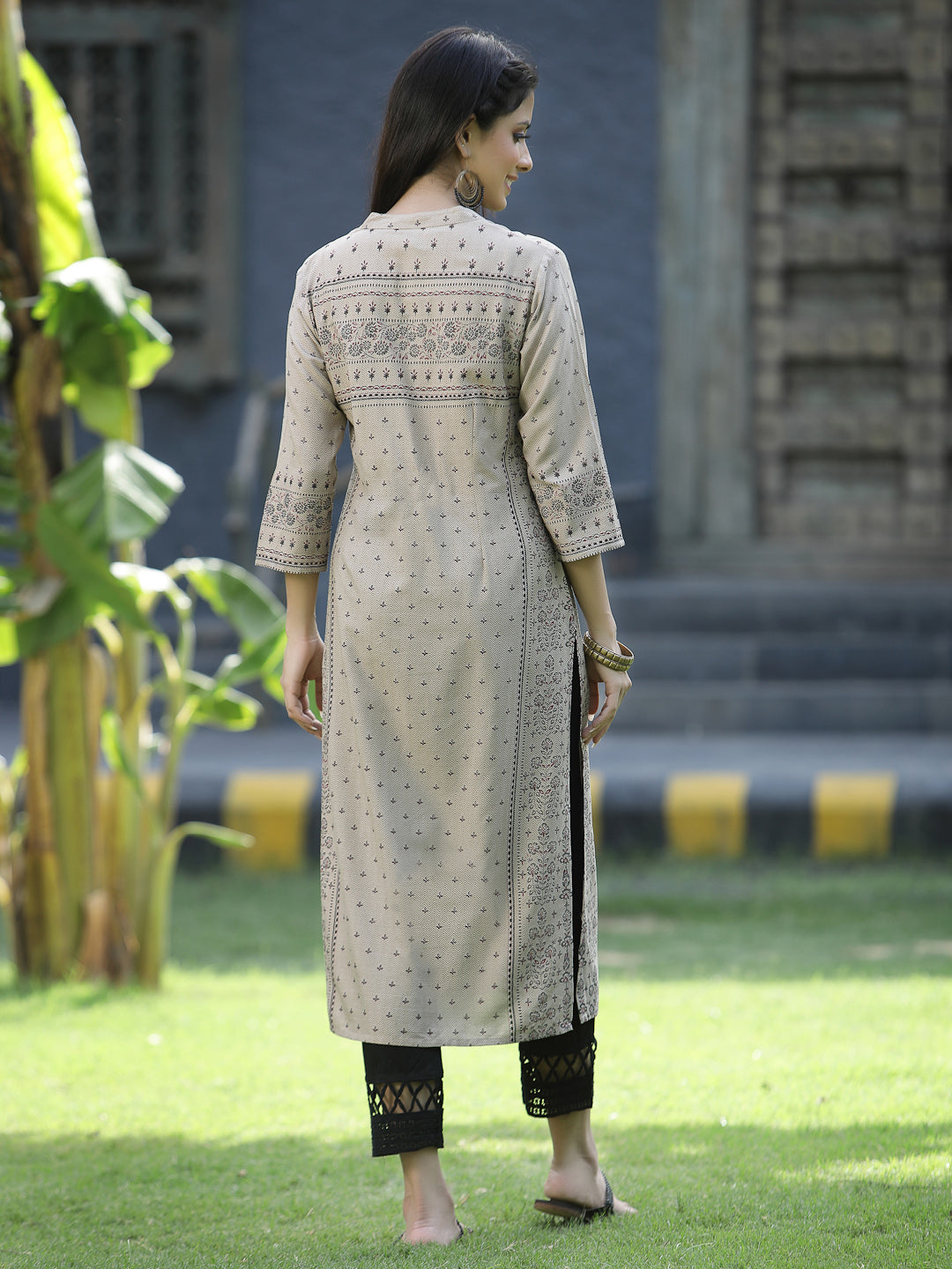 Beige Rayon Festive Placement Print Straight Kurta