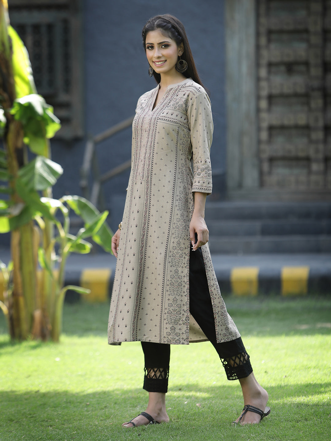 Beige Rayon Festive Placement Print Straight Kurta