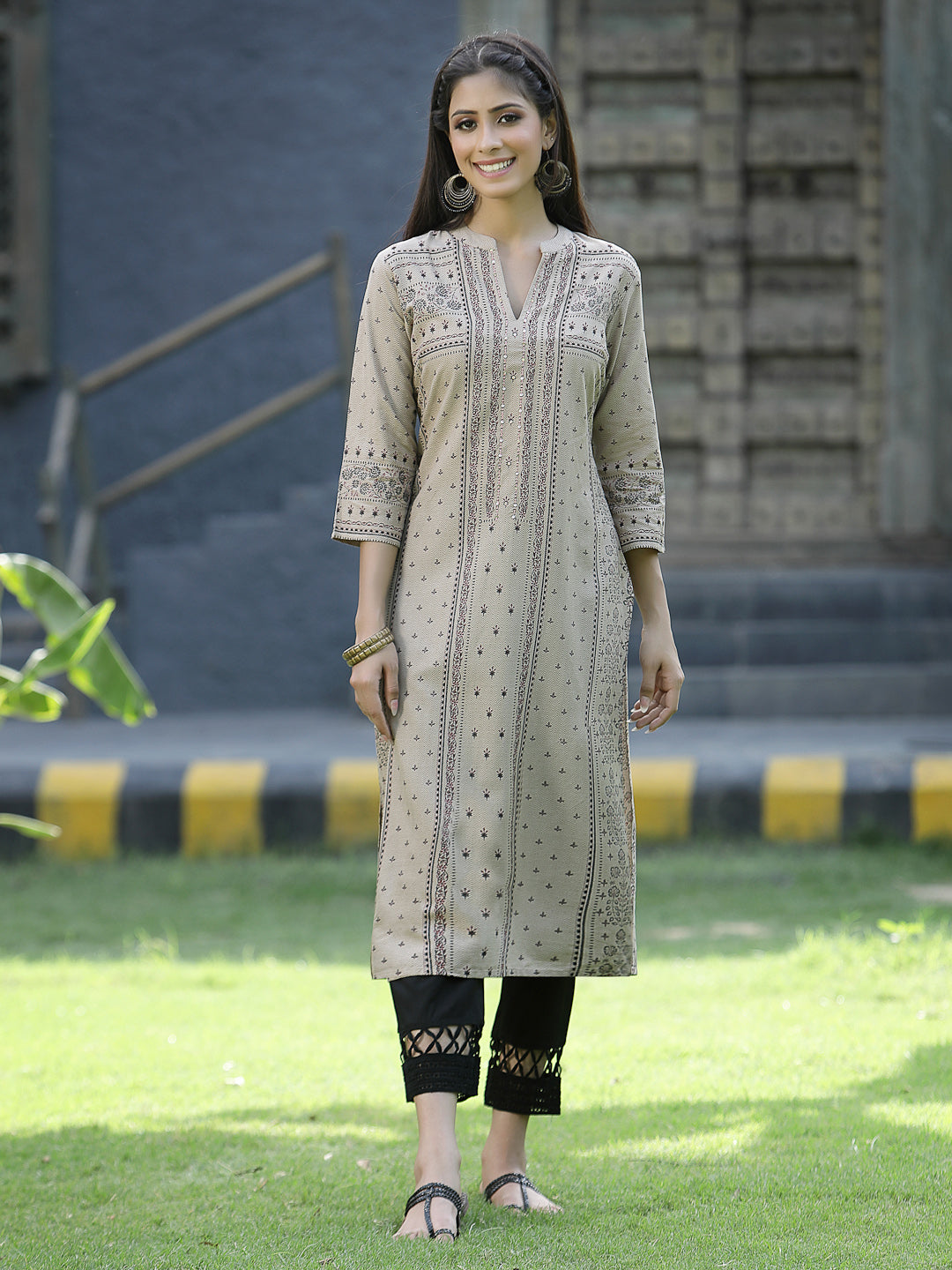 Beige Rayon Festive Placement Print Straight Kurta