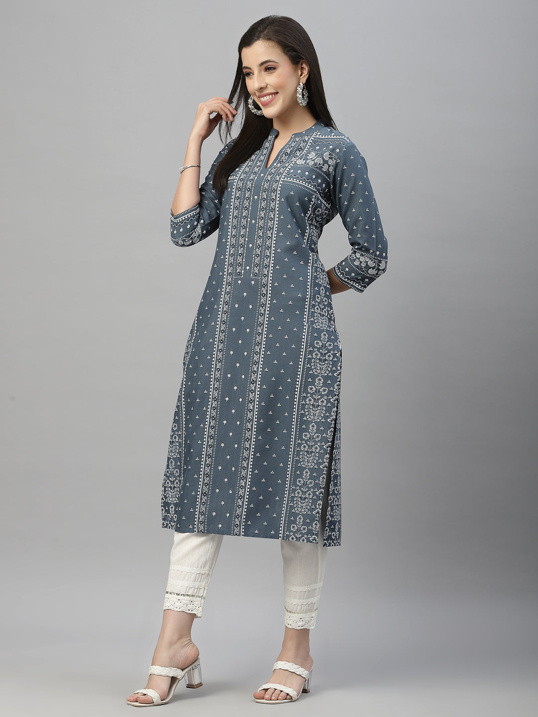 Blue Rayon Festive Placement Print Straight Kurta