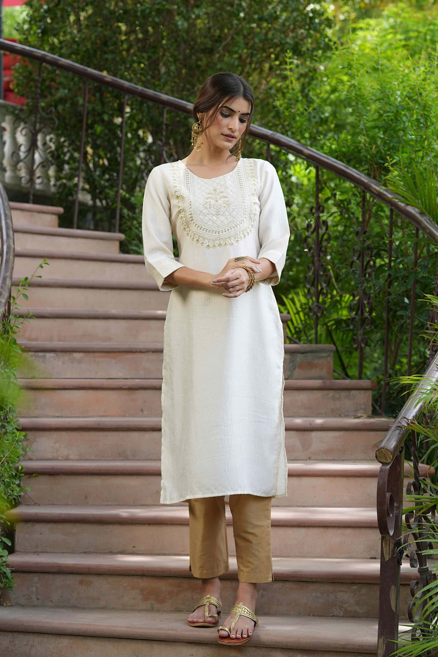 Cream Silk Festive Embroidered Straight Kurta