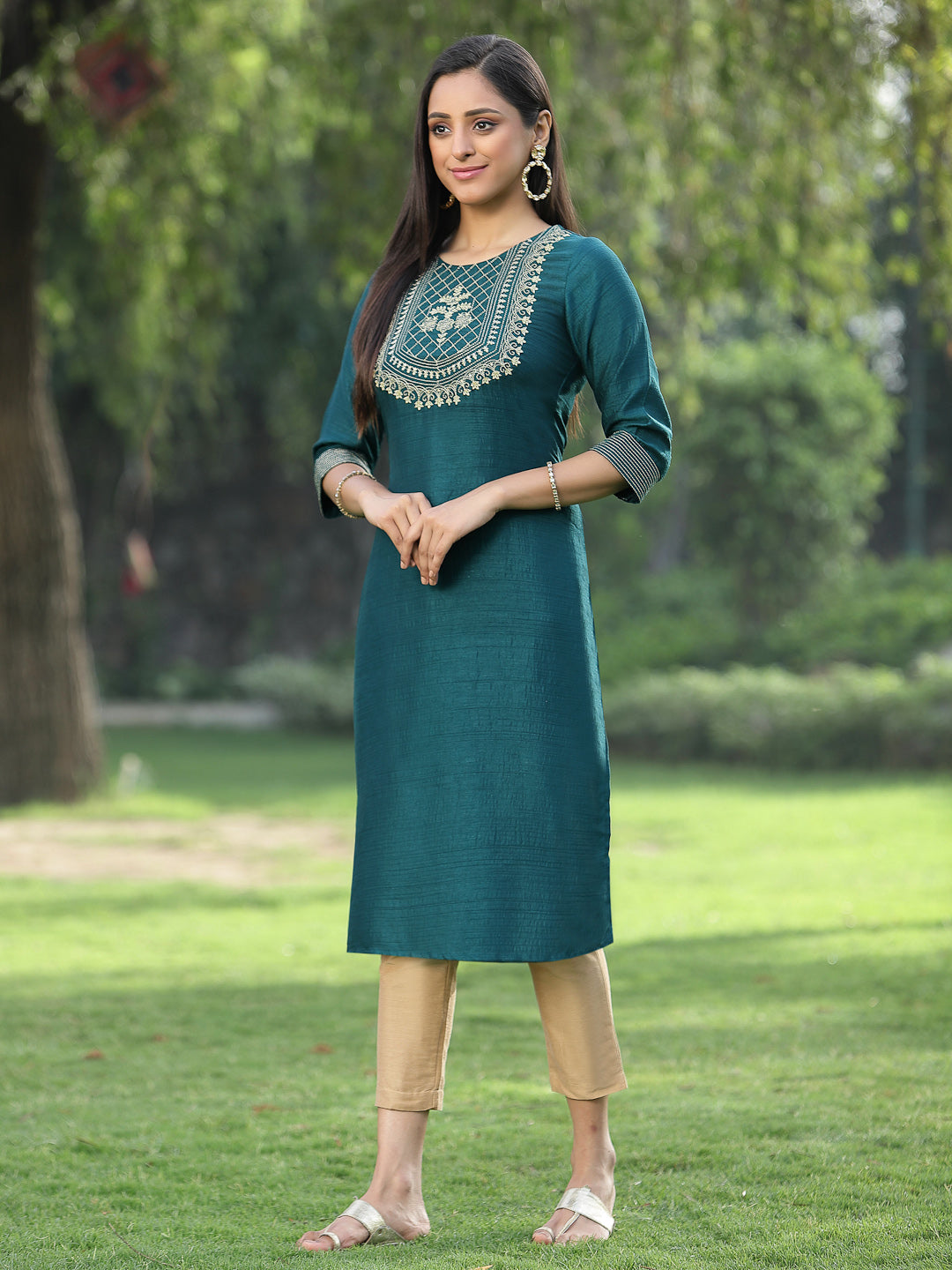 Green Silk Festive Embroidered Straight Kurta