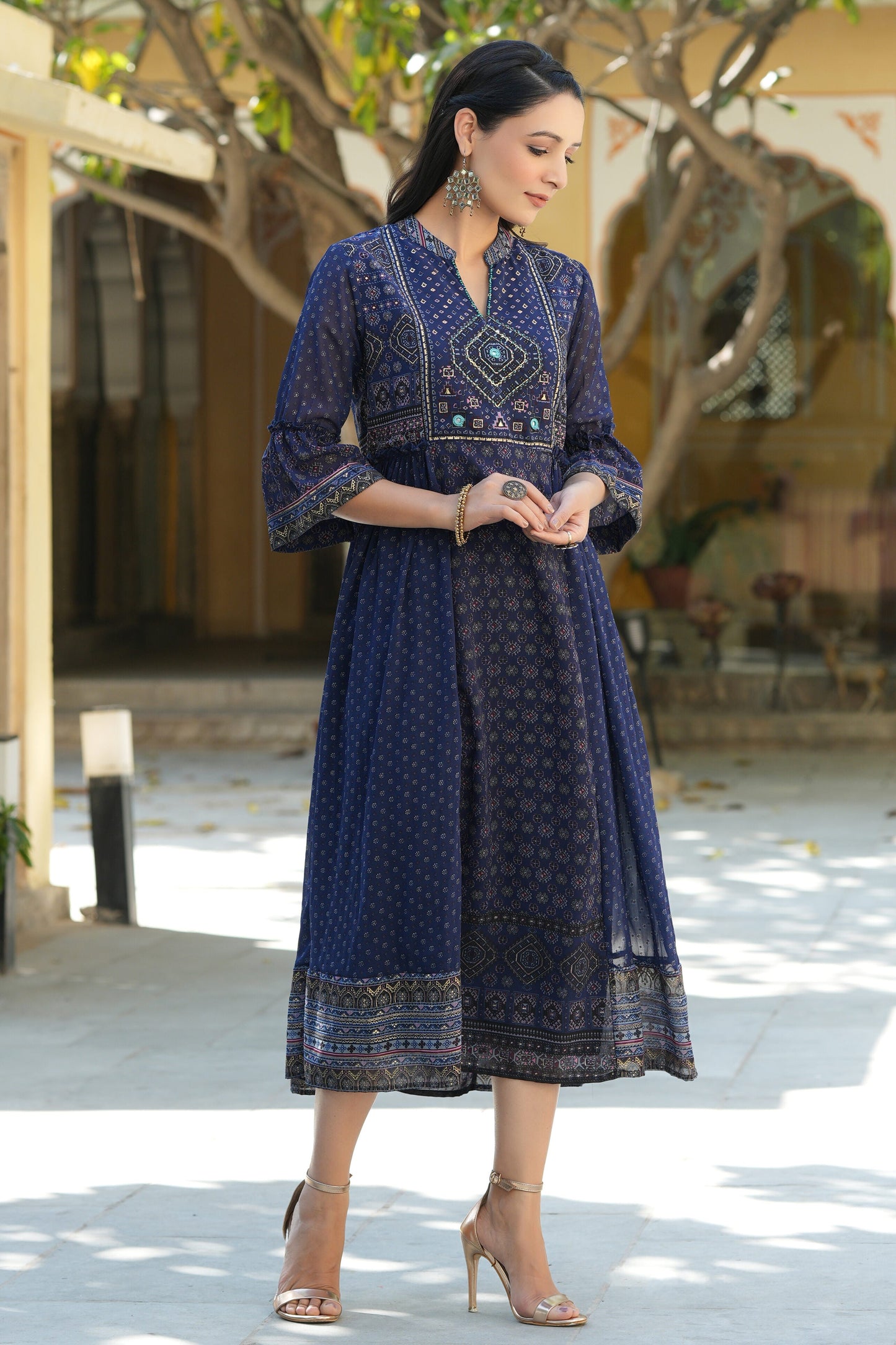 Indigo Georgette Festive Printed Flared Dress