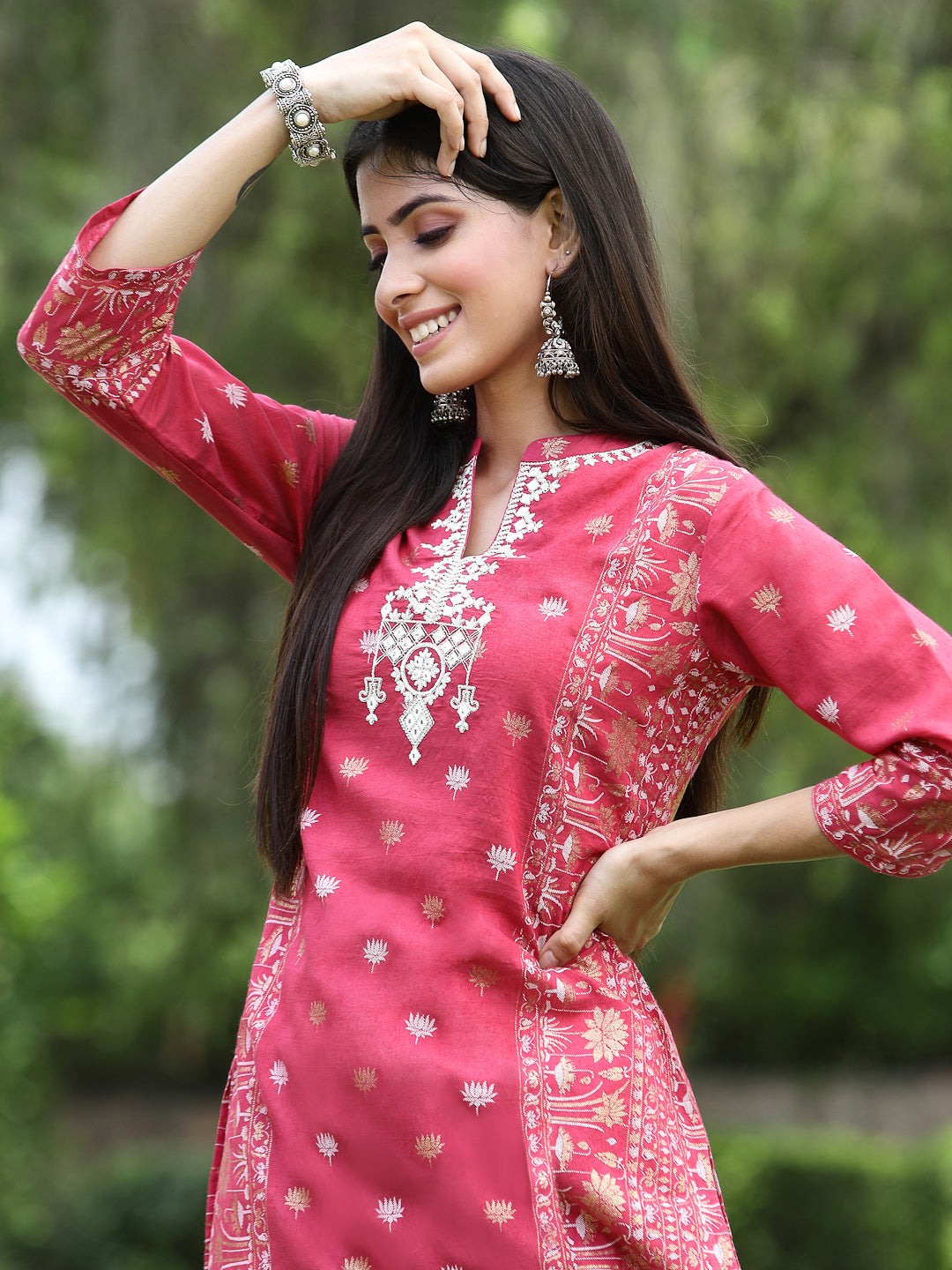 Fuchsia Rayon Festive Embroidered Straight Kurta