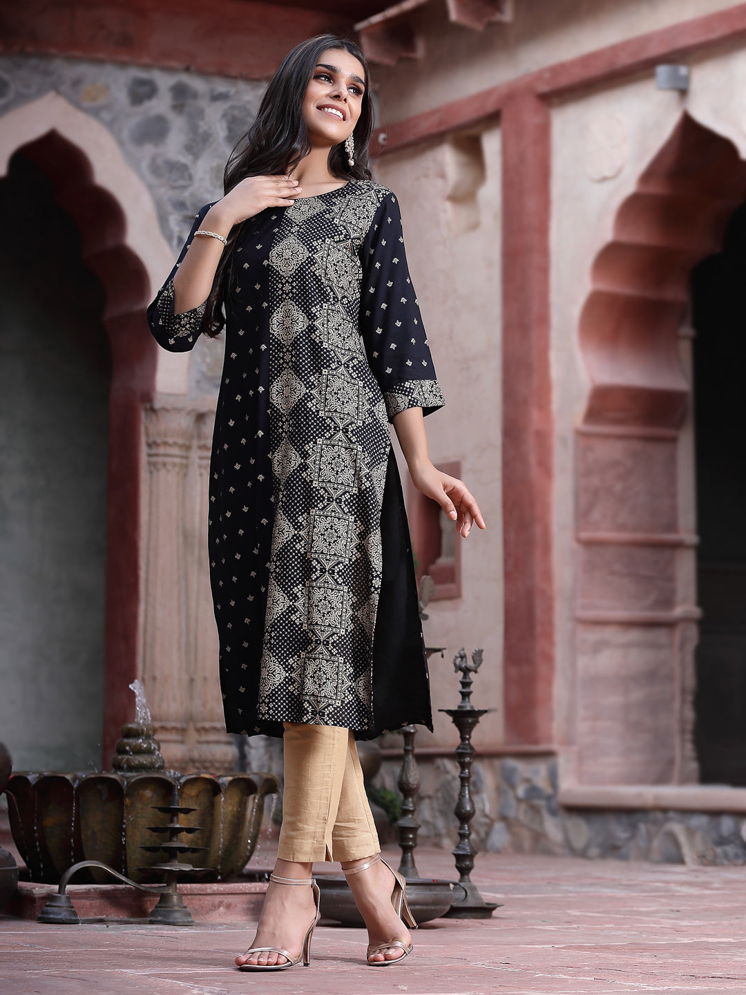 Black Rayon Printed Straight Kurta