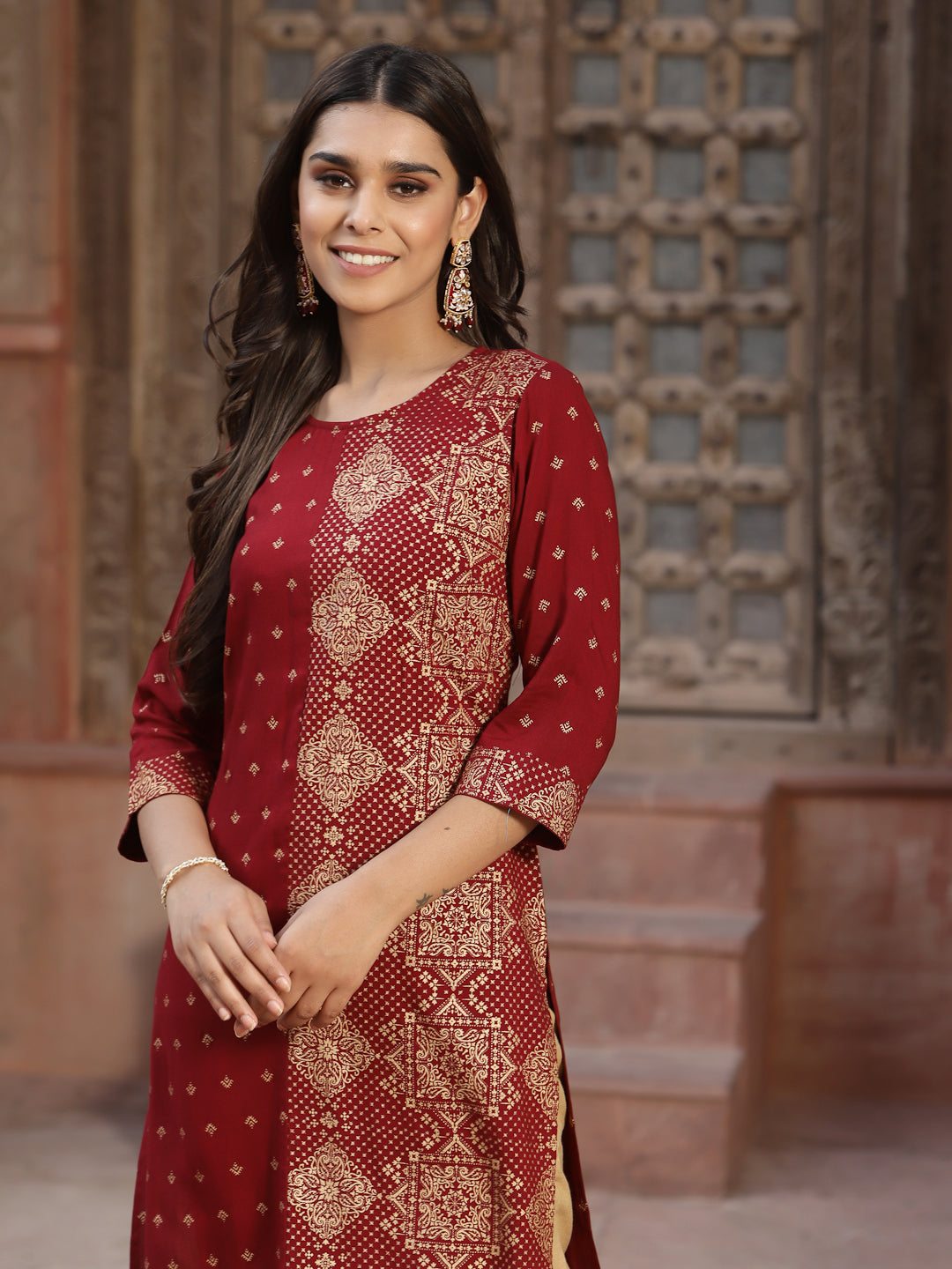 Maroon Rayon Printed Straight Kurta