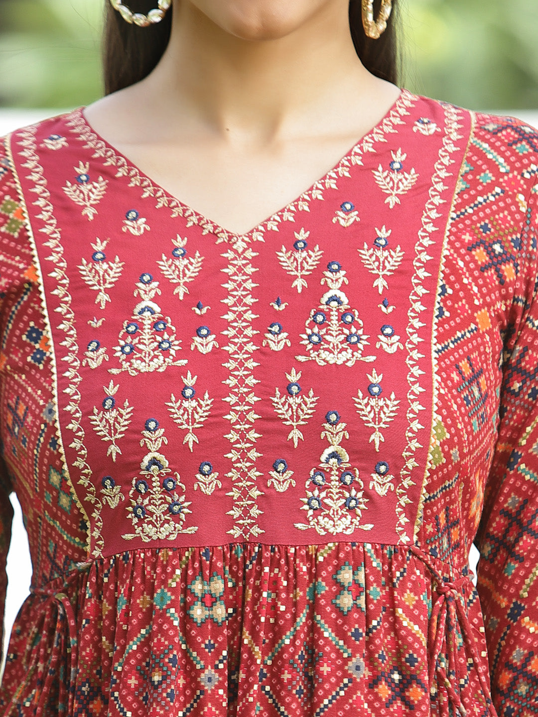 Red Rayon Festive Printed Flared Kurta