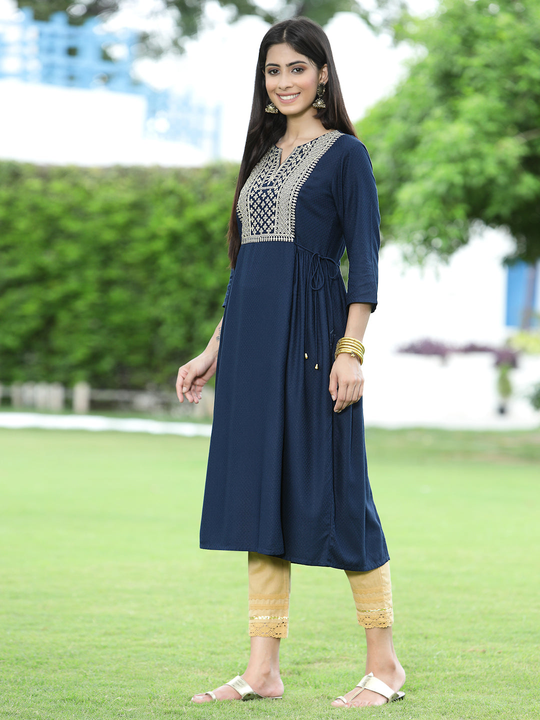 Navy Rayon Festive Embroidered Flared Kurta