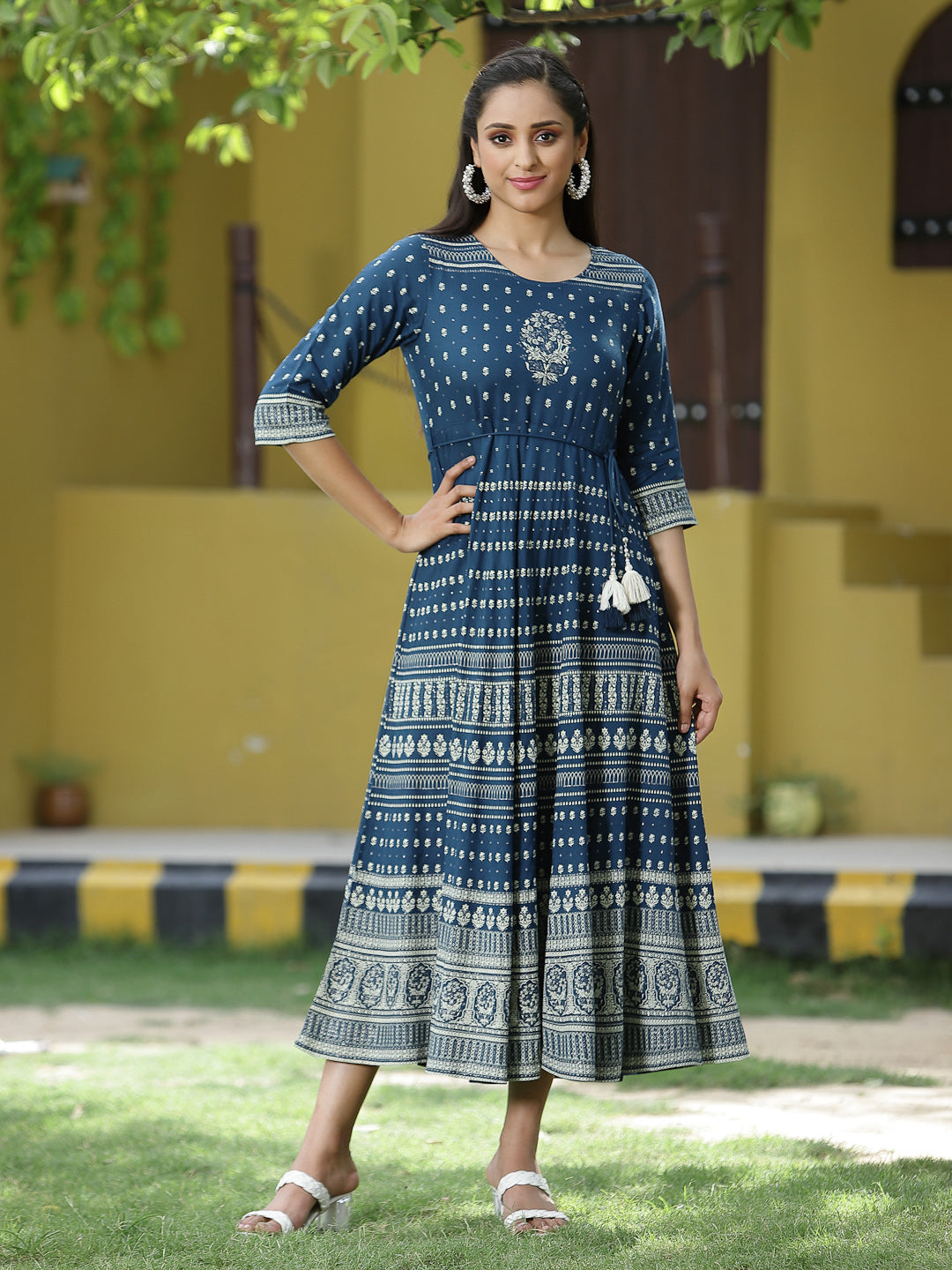 Blue Rayon Festive Printed Flared Dress
