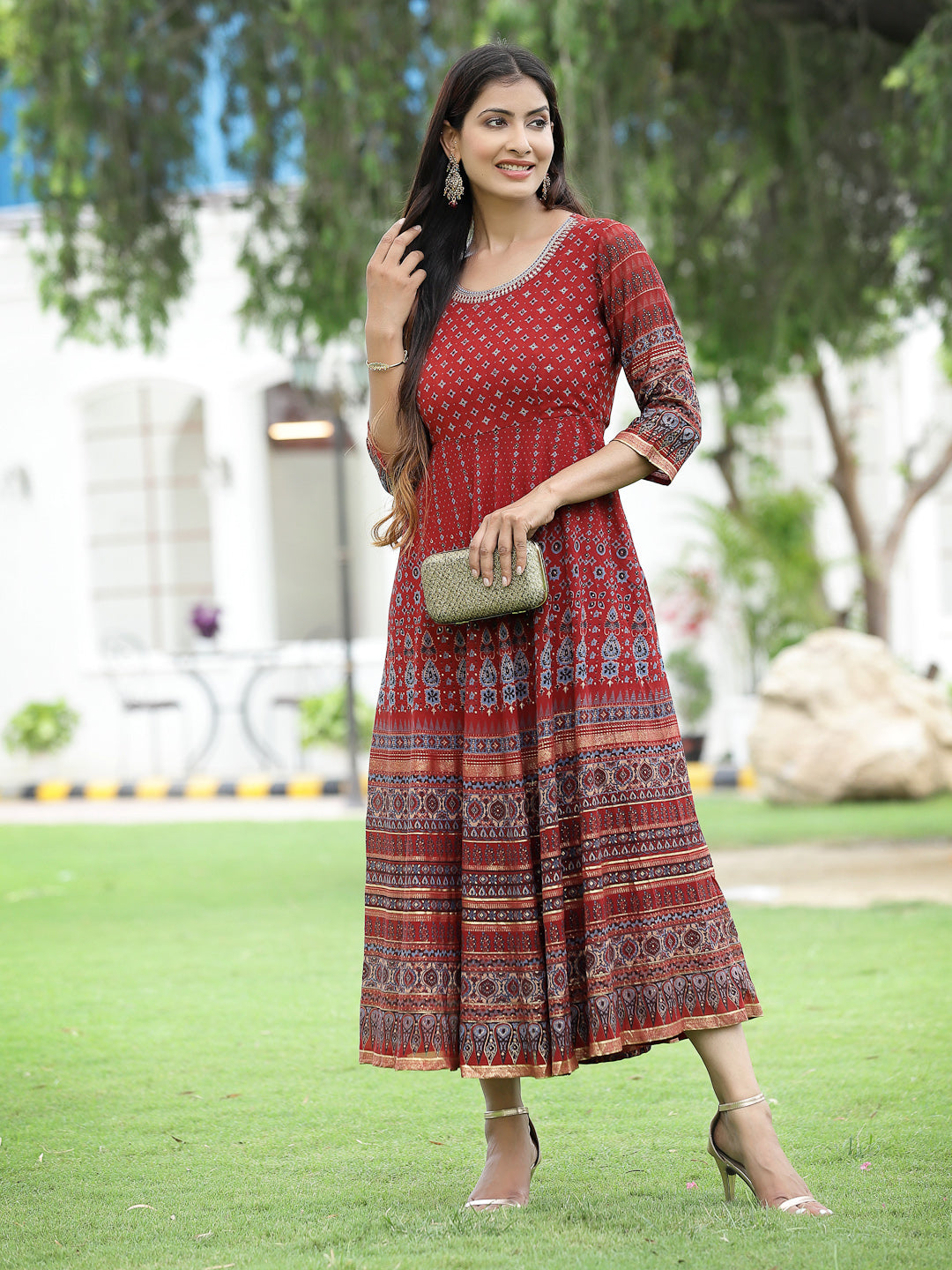Rust Georgette Festive Printed Flared Anarkali Kurta