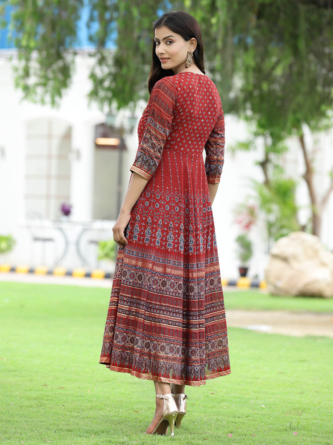 Rust Georgette Festive Printed Flared Anarkali Kurta