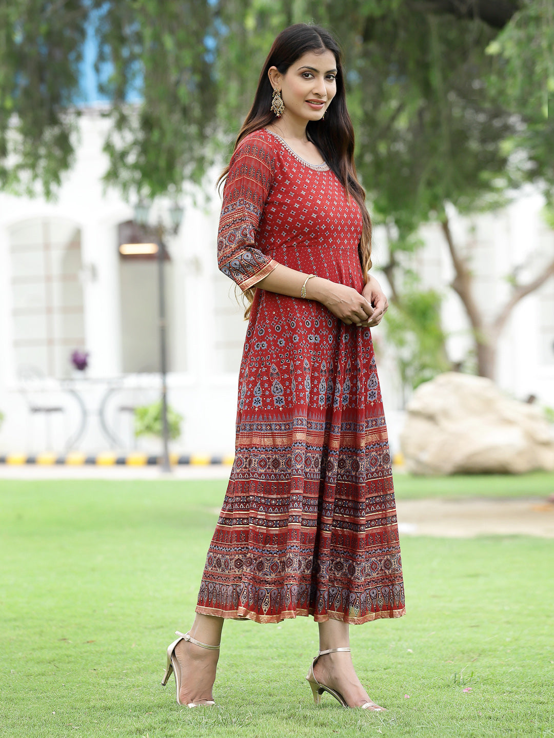 Rust Georgette Festive Printed Flared Anarkali Kurta