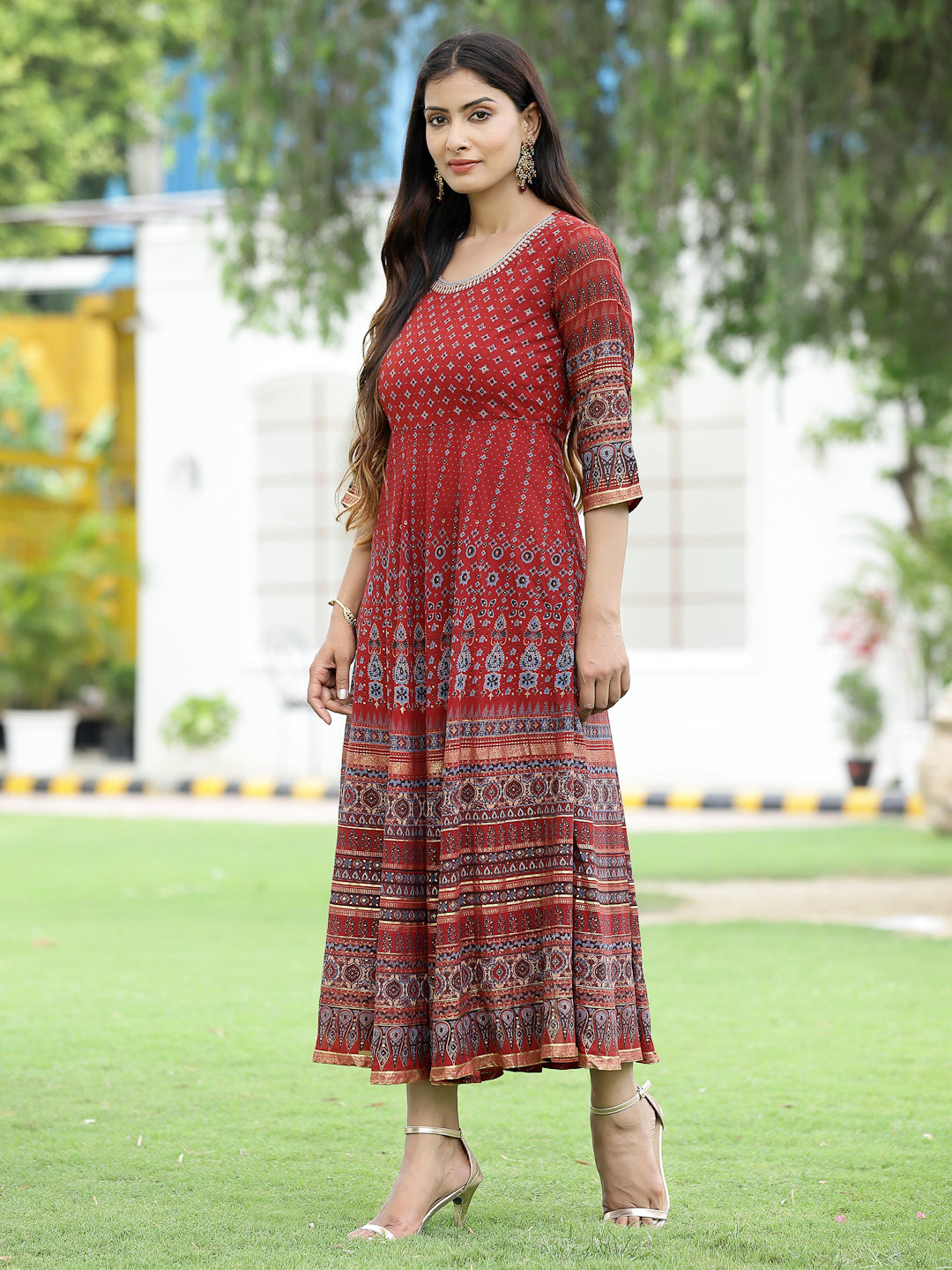Rust Georgette Festive Printed Flared Anarkali Kurta