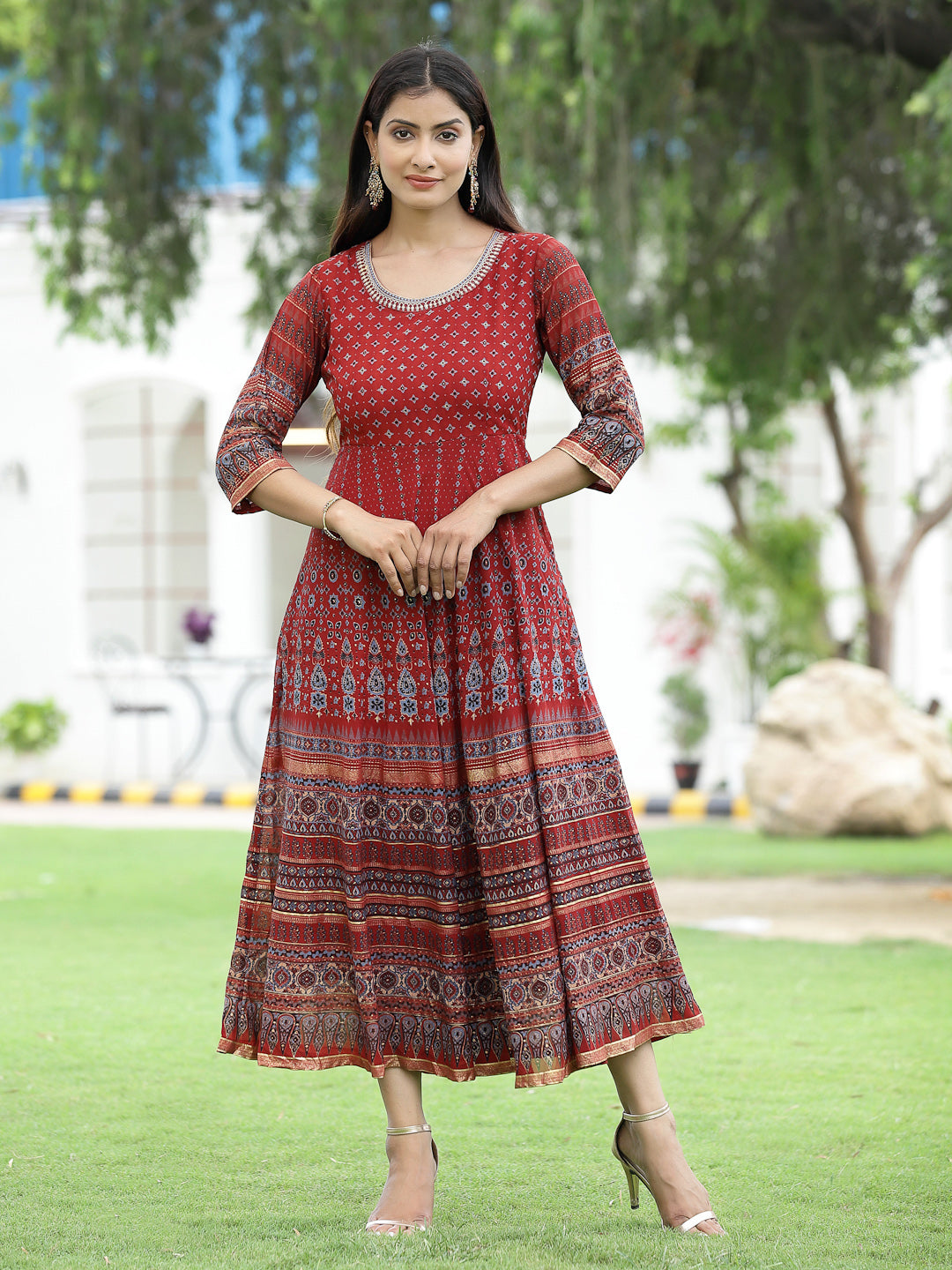 Rust Georgette Festive Printed Flared Anarkali Kurta