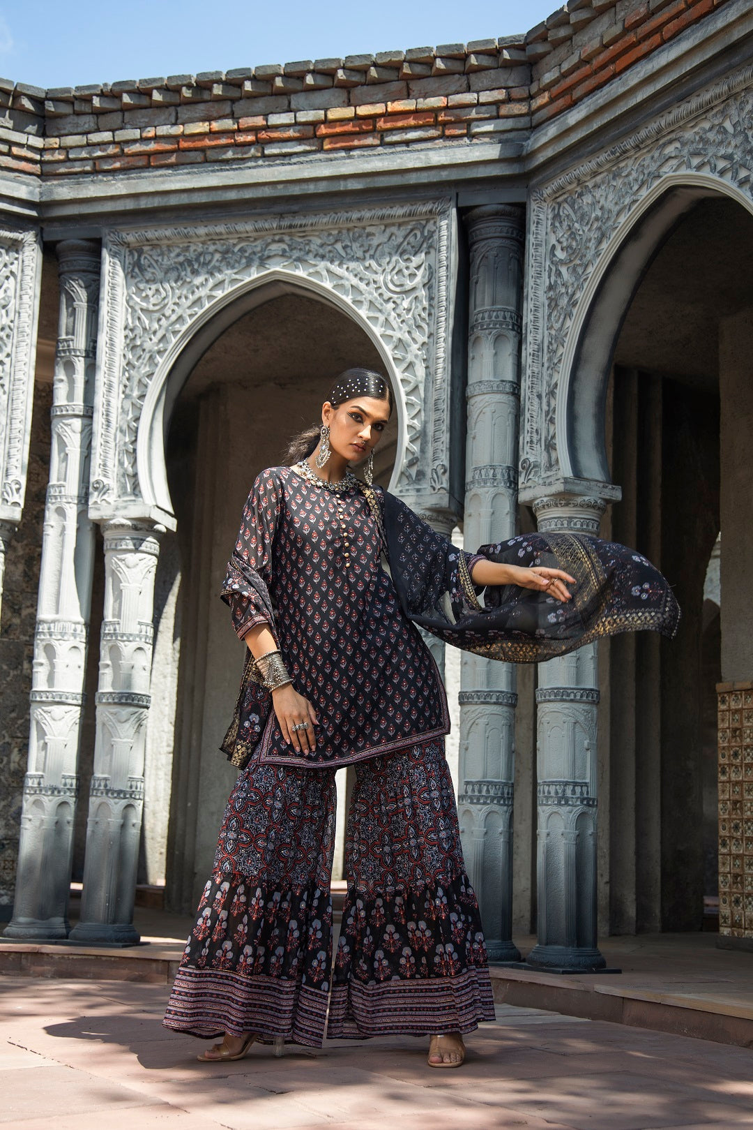 Black Georgette Festive Floral Print Straight Tunic-Sharara With Dupatta