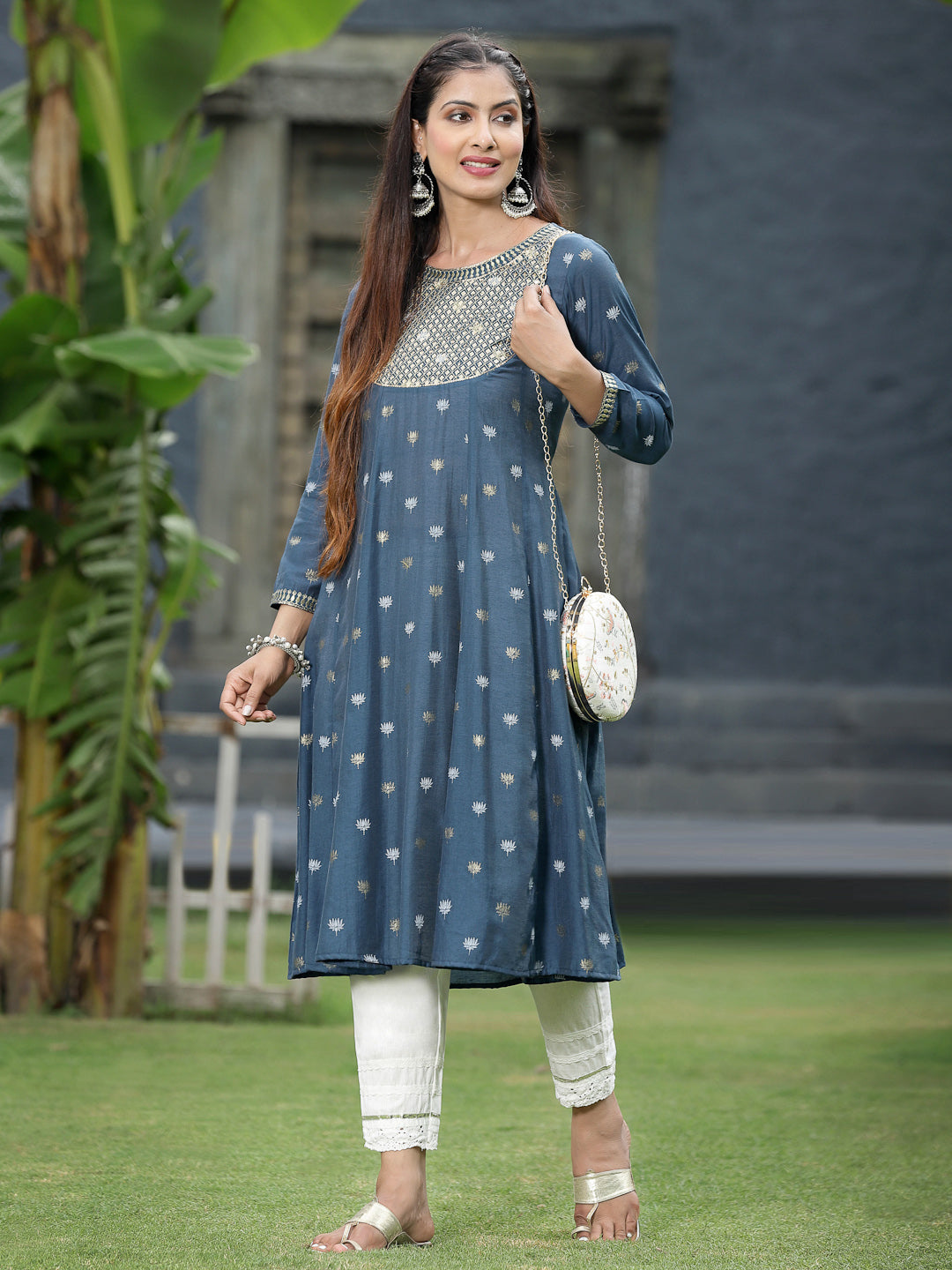 Indigo Rayon Festive Foil Printed Anarkali Flared Anarkali Kurta