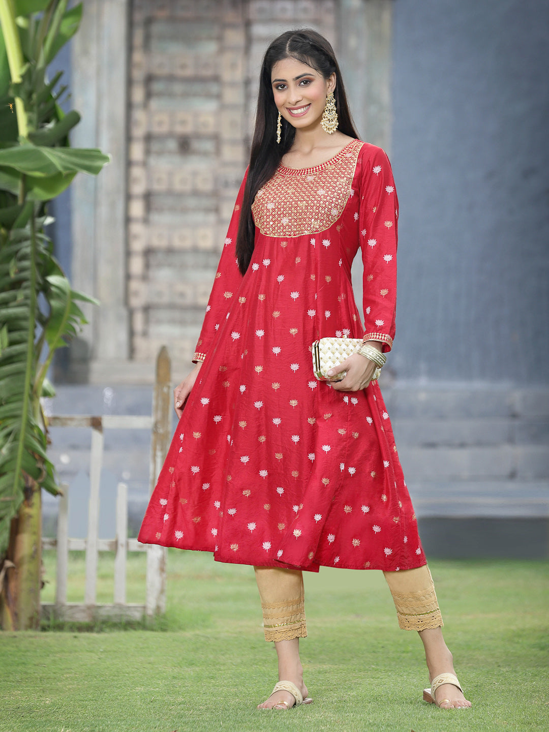Red Rayon Festive Foil Printed Anarkali Flared Anarkali Kurta