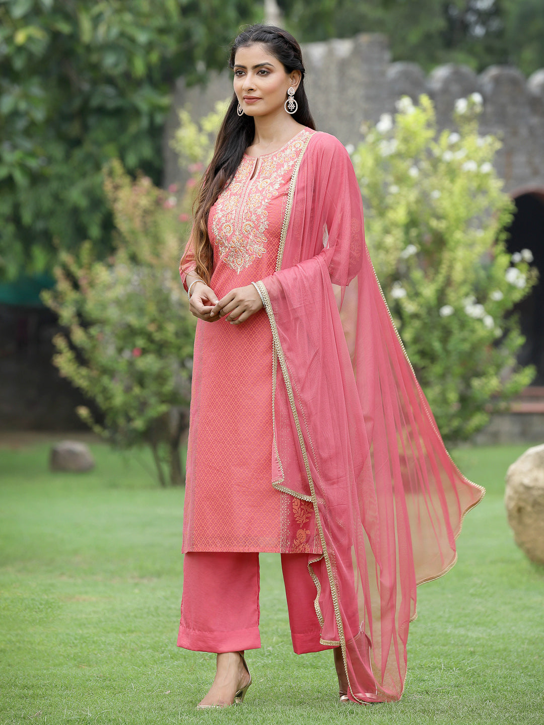 Pink Chanderi Festive Embroidered Placement Printed Straight Kurta Set