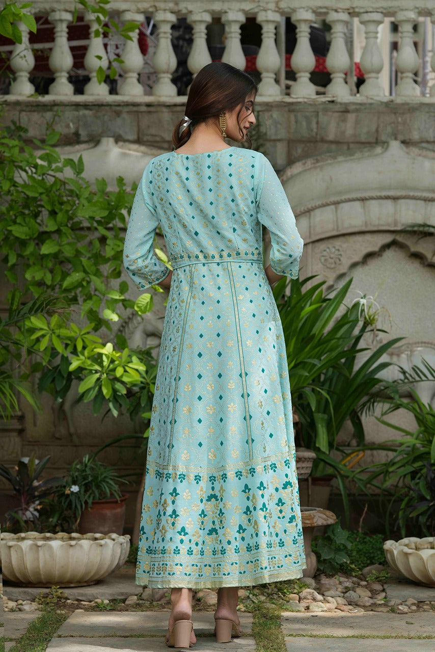 Sky Blue Georgette Festive Printed Flared Maxi