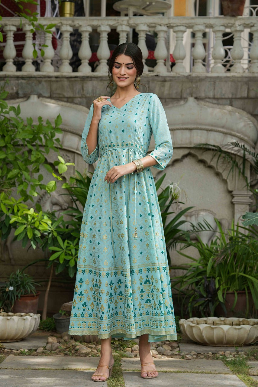 Sky Blue Georgette Festive Printed Flared Maxi