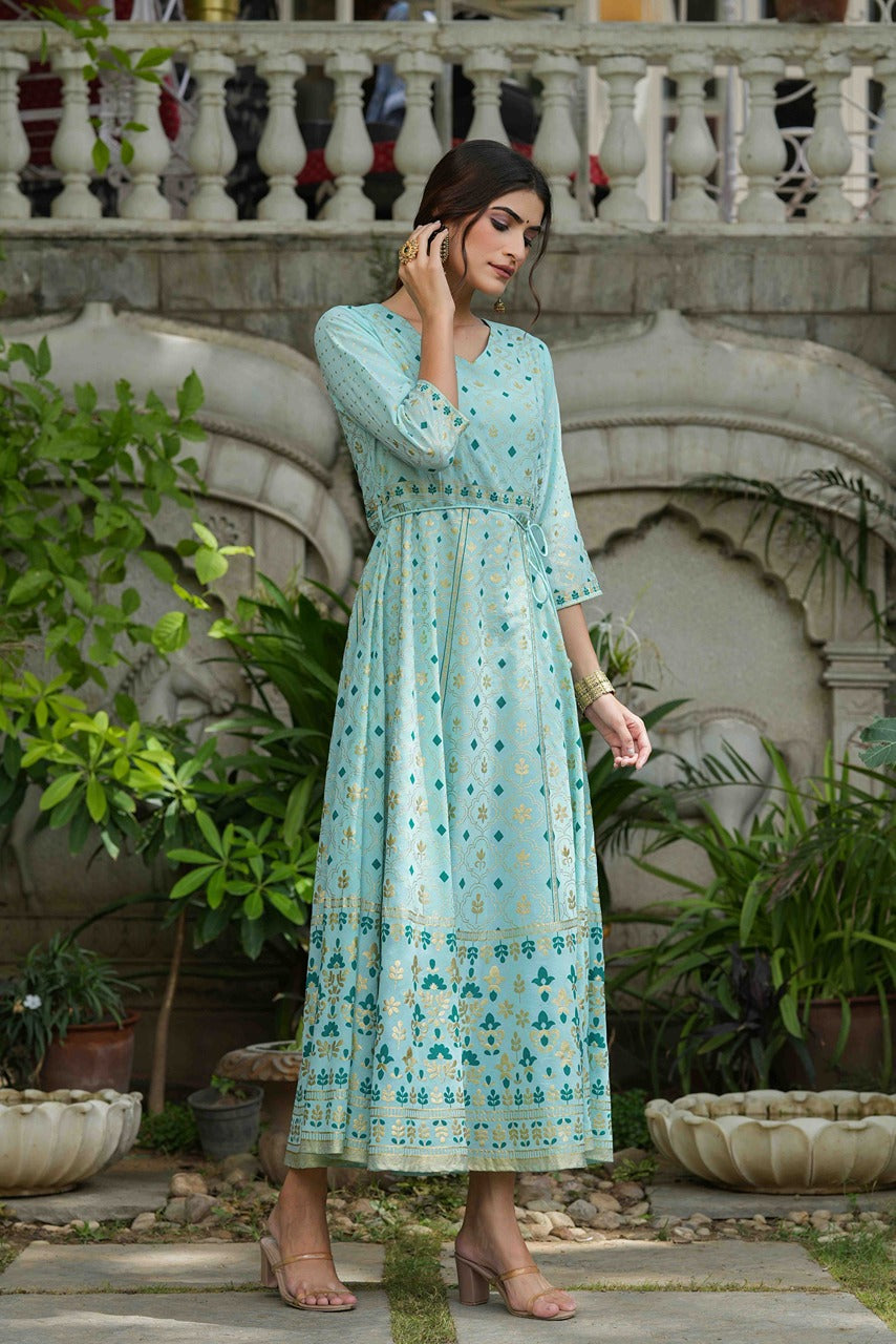 Sky Blue Georgette Festive Printed Flared Maxi