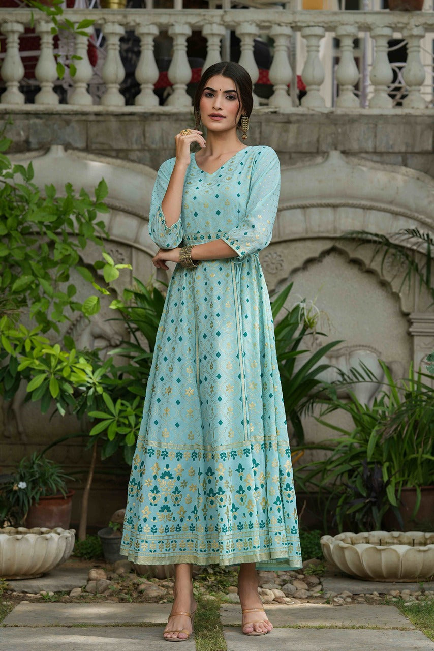 Sky Blue Georgette Festive Printed Flared Maxi