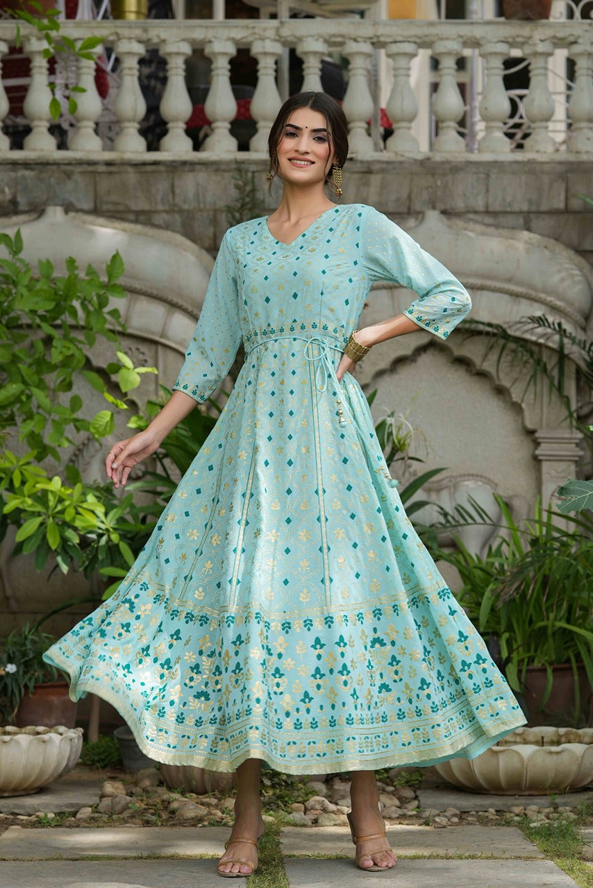 Sky Blue Georgette Festive Printed Flared Maxi