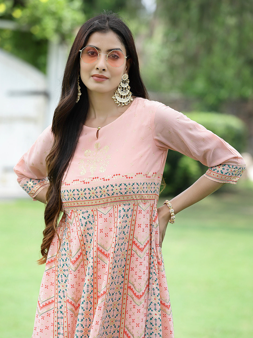 Peach Georgette Festive Printed Flared Maxi