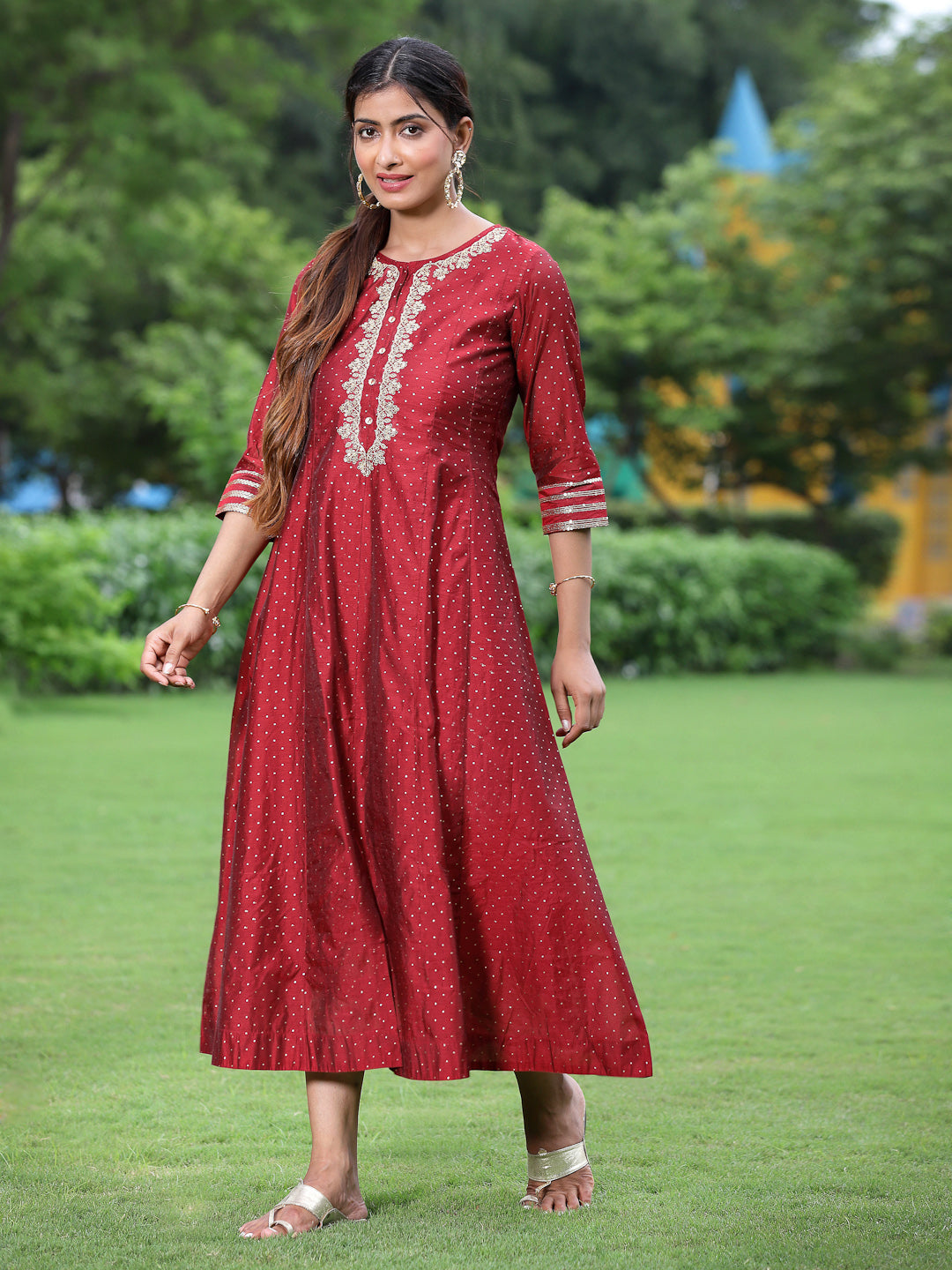Maroon Chanderi Festive Embroidered + Polka Dot Printed Flared Kurta