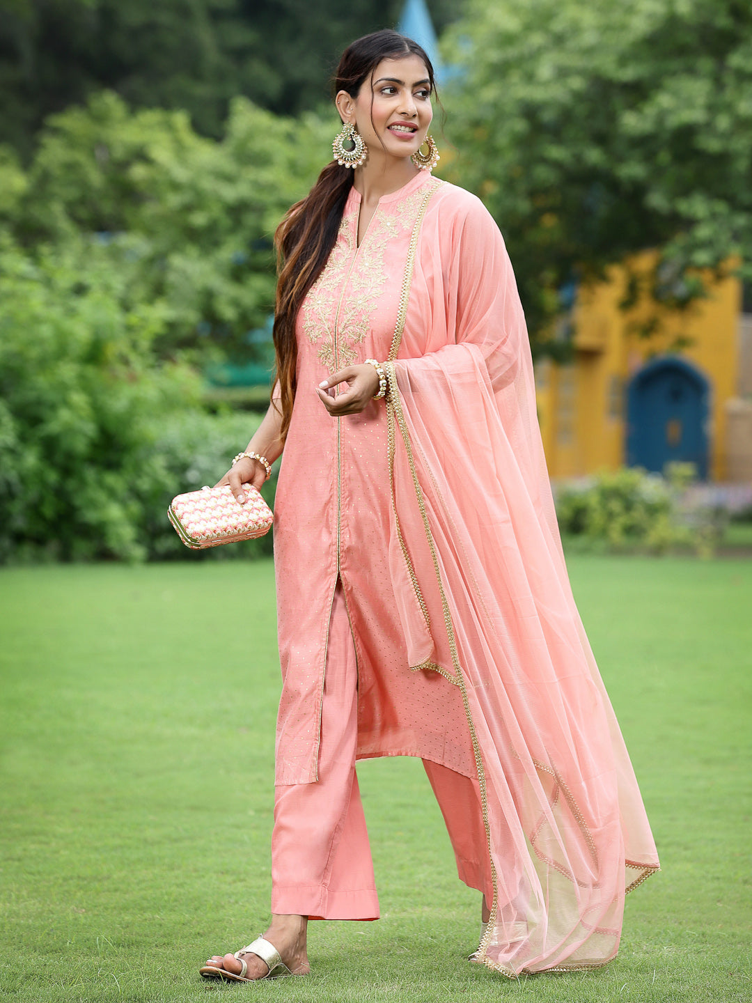 Peach Chanderi Festive Embroidered Polka Dot Printed A-line Kurta Set