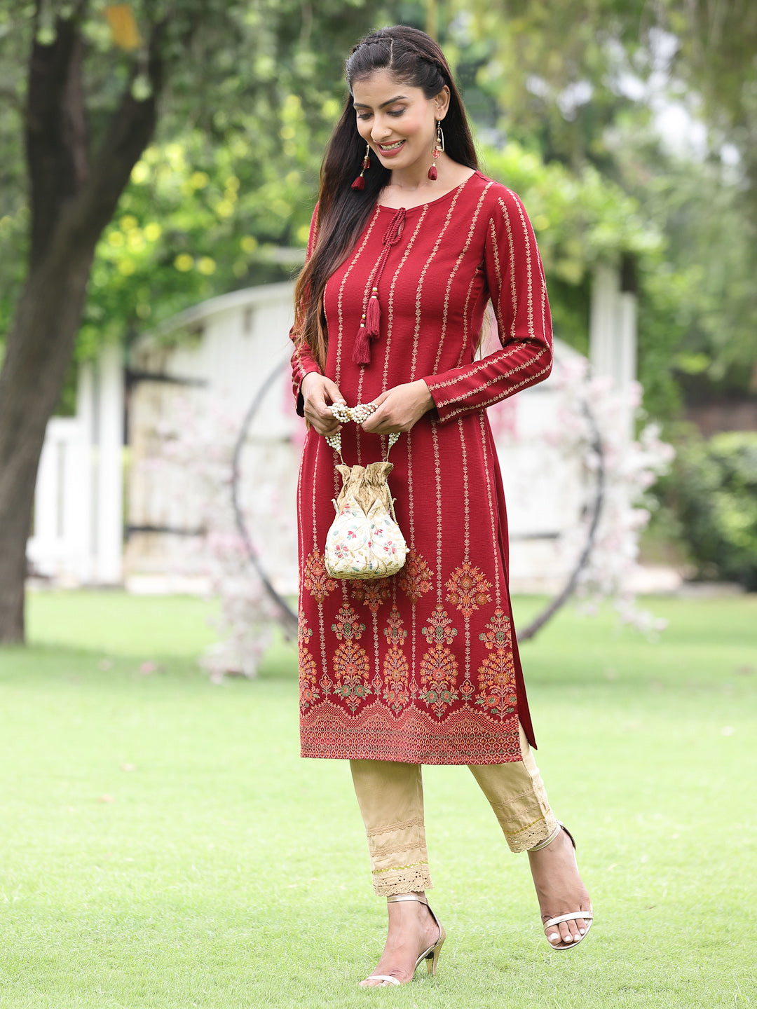 Acrylic Viscose Jacquard Knit Maroon Printed Straight Festive Kurta