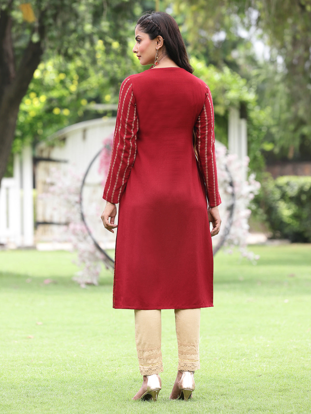 Acrylic Viscose Jacquard Knit Maroon Printed Straight Festive Kurta