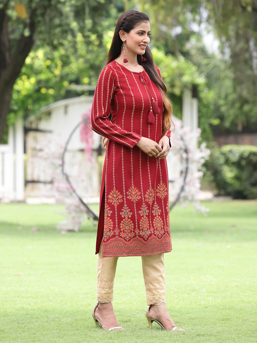 Acrylic Viscose Jacquard Knit Maroon Printed Straight Festive Kurta