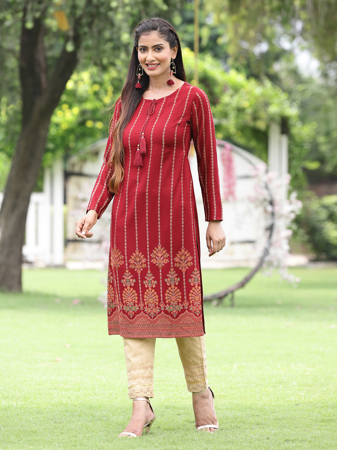 Acrylic Viscose Jacquard Knit Maroon Printed Straight Festive Kurta