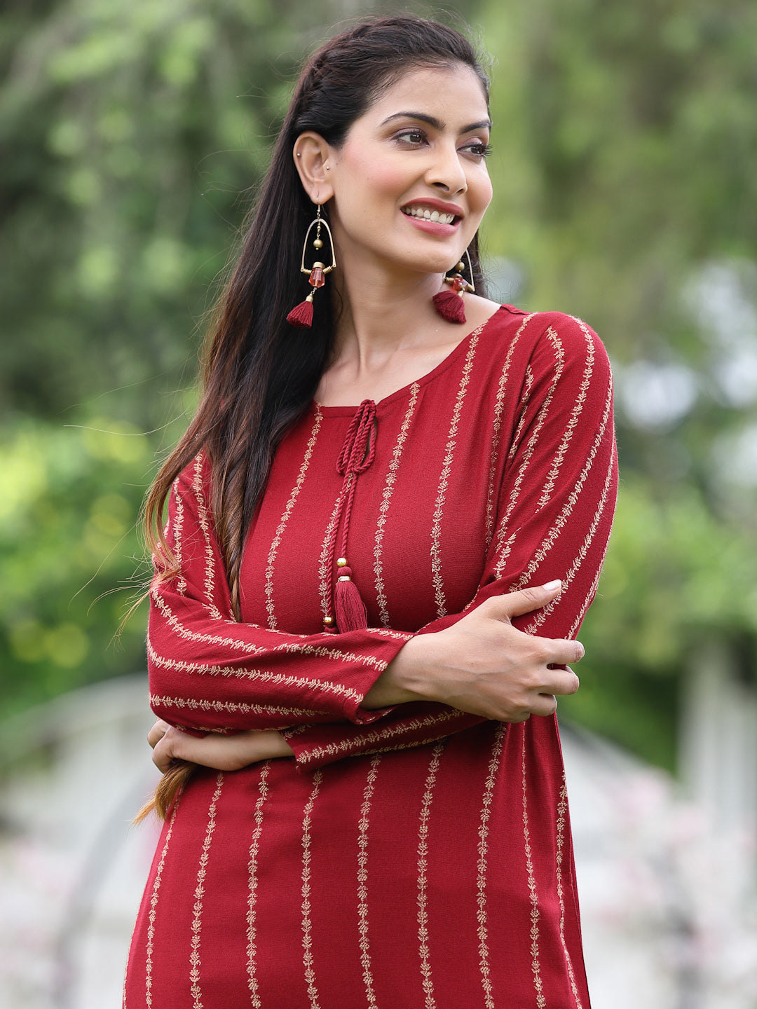 Acrylic Viscose Jacquard Knit Maroon Printed Straight Festive Kurta