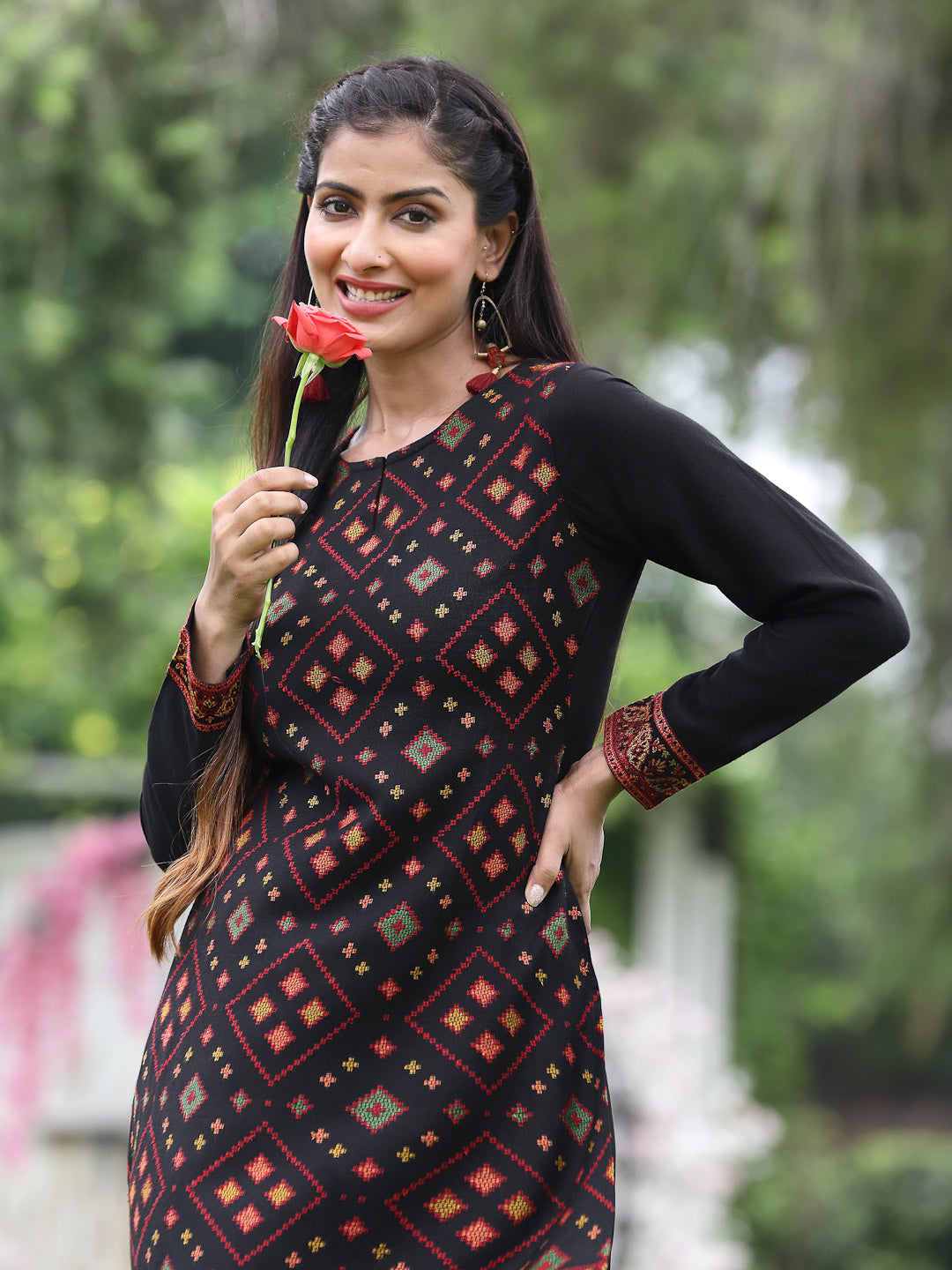 Acrylic Viscose Jacquard Knit Black Printed Straight Festive Kurta
