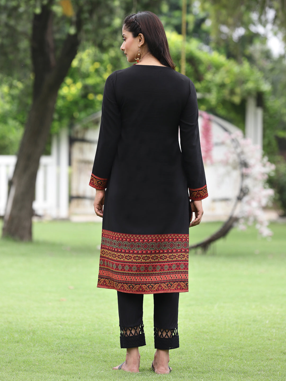 Acrylic Viscose Jacquard Knit Black Printed Straight Festive Kurta