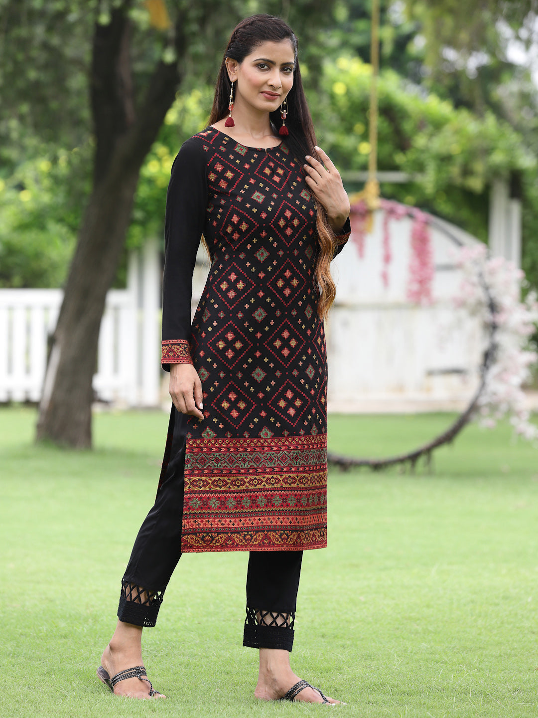 Acrylic Viscose Jacquard Knit Black Printed Straight Festive Kurta