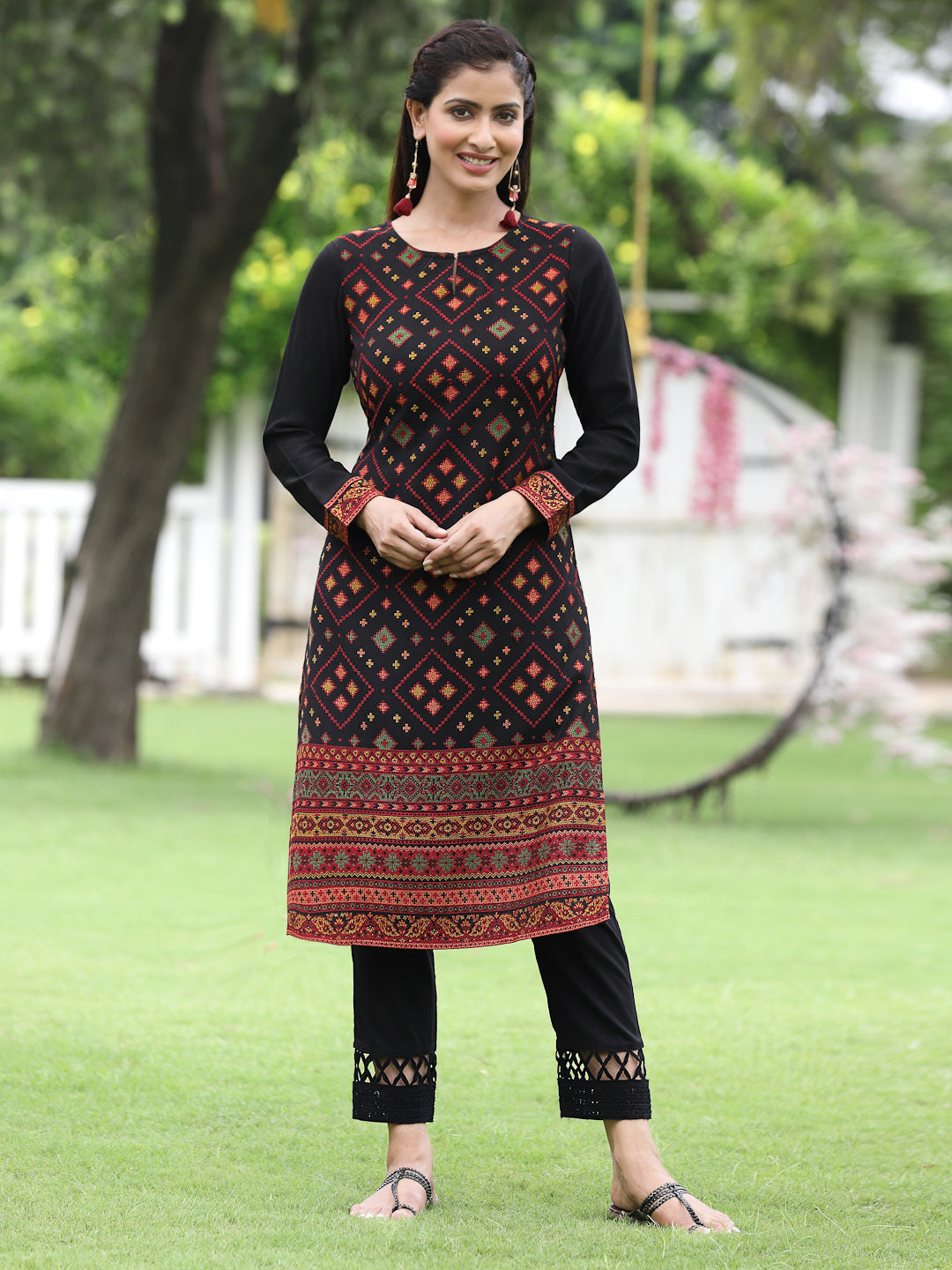 Acrylic Viscose Jacquard Knit Black Printed Straight Festive Kurta