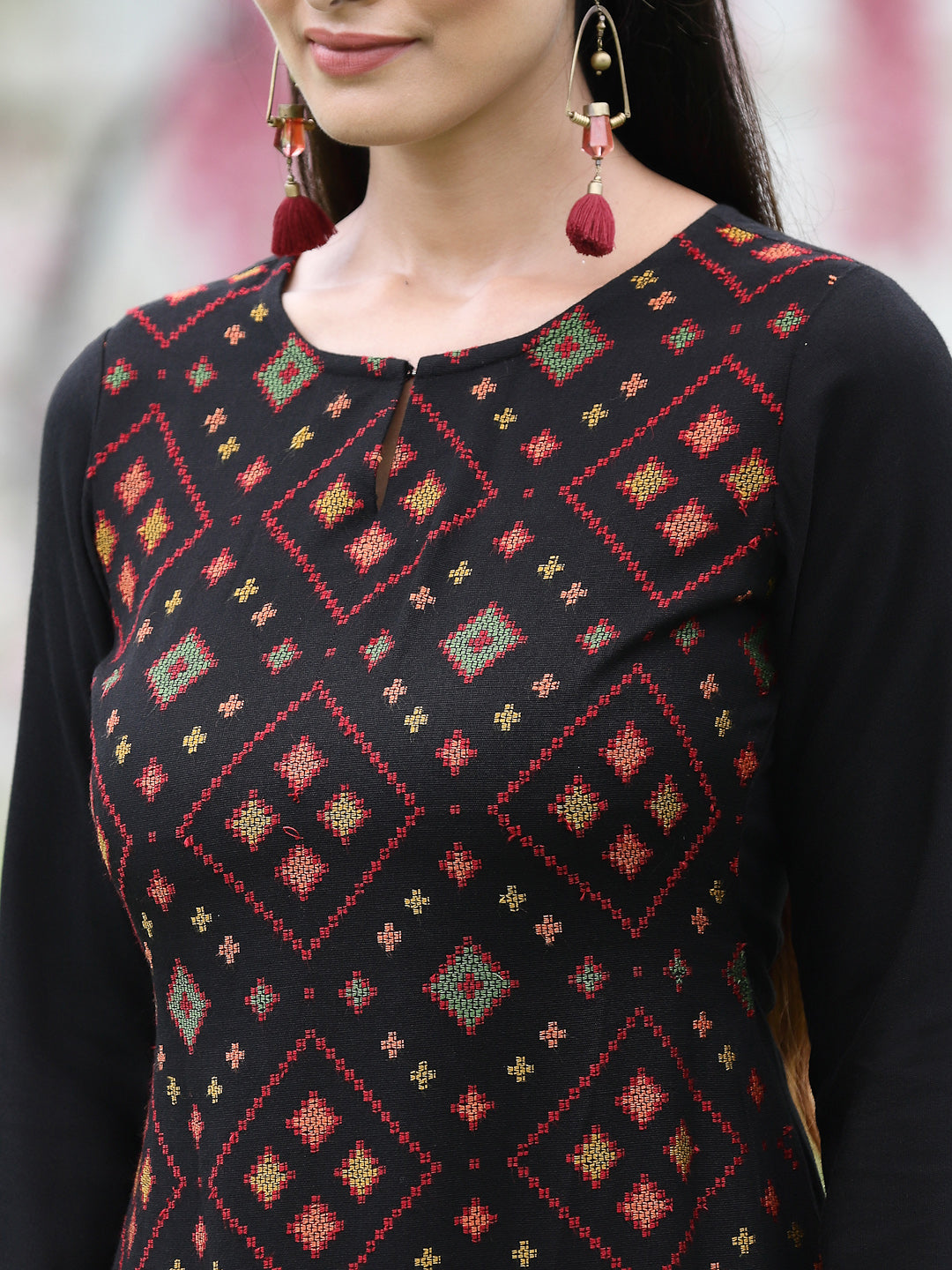 Acrylic Viscose Jacquard Knit Black Printed Straight Festive Kurta