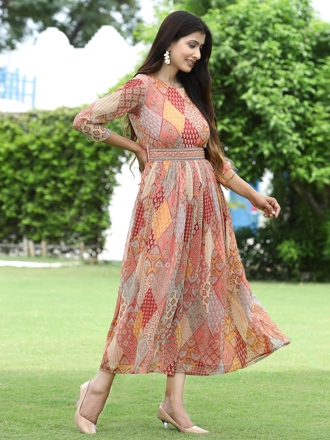 Multi Chiffon Festive Printed Flared Jump Suit