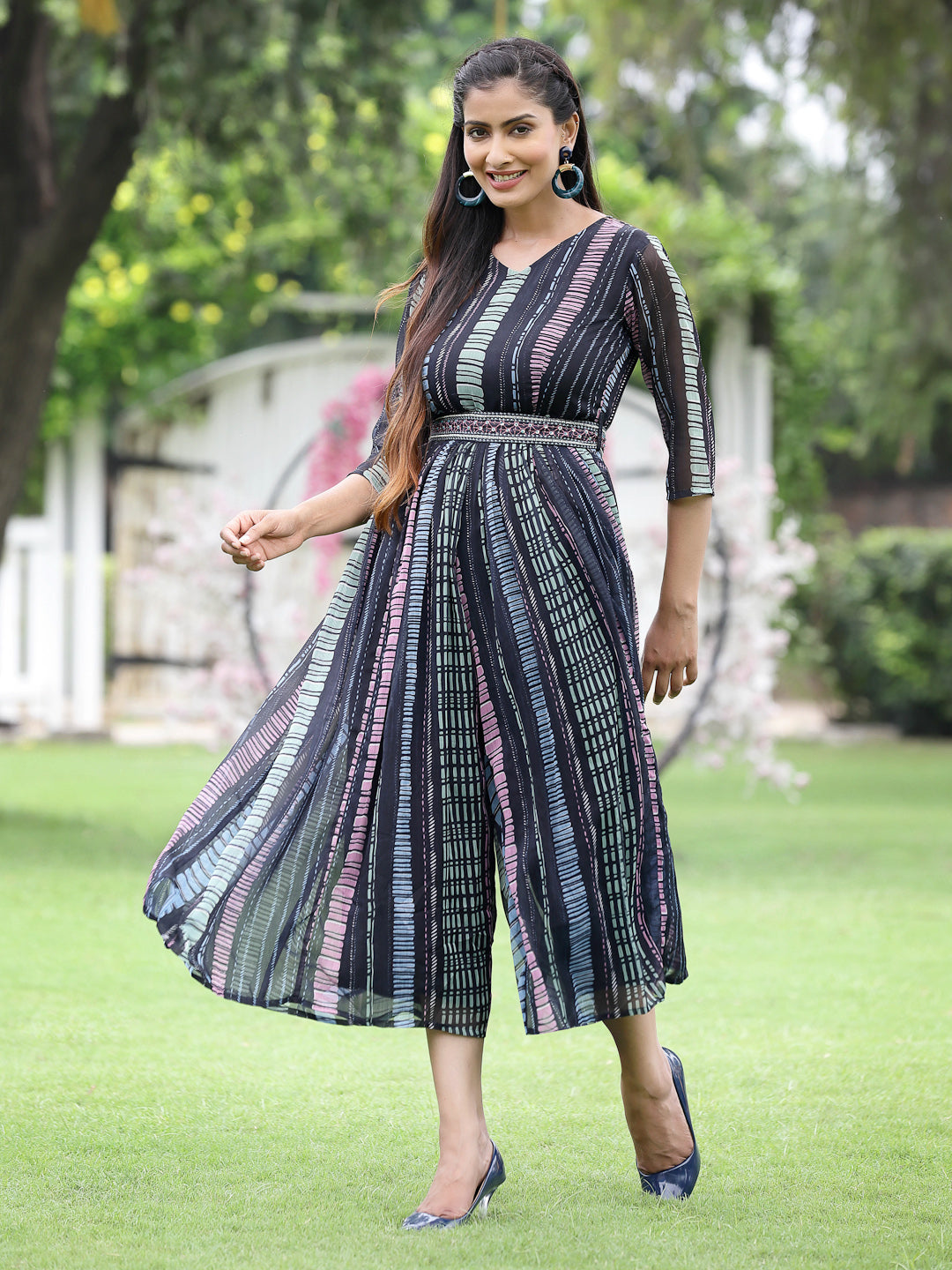 Black Multi Chiffon Festive Printed Flared Jump Suit